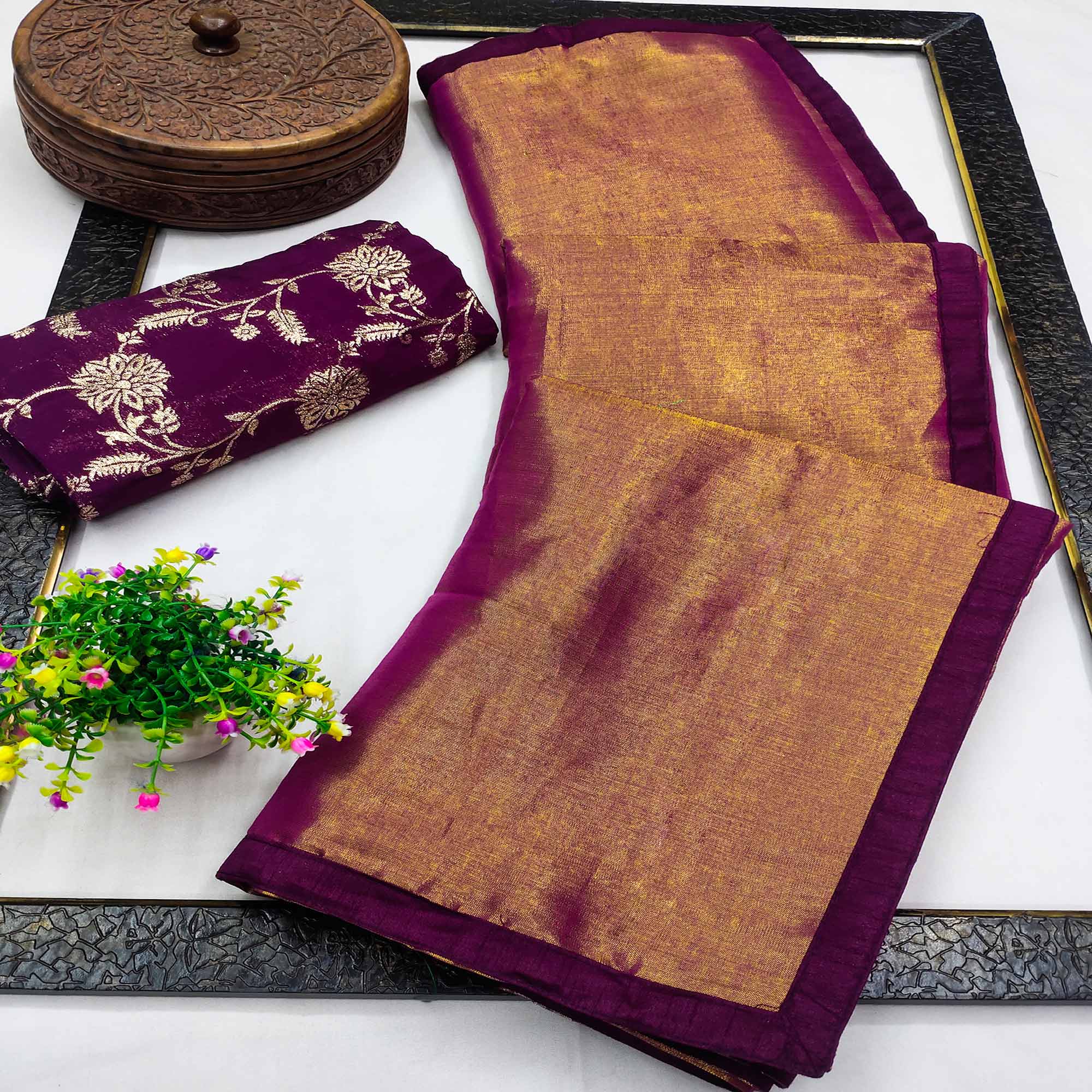 Purple Solid Net Silk Saree