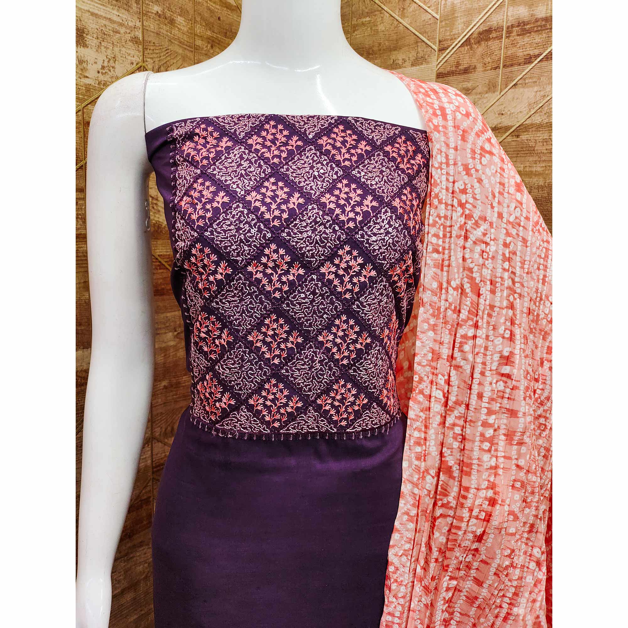 Purple Embroidered Chinon Dress Material