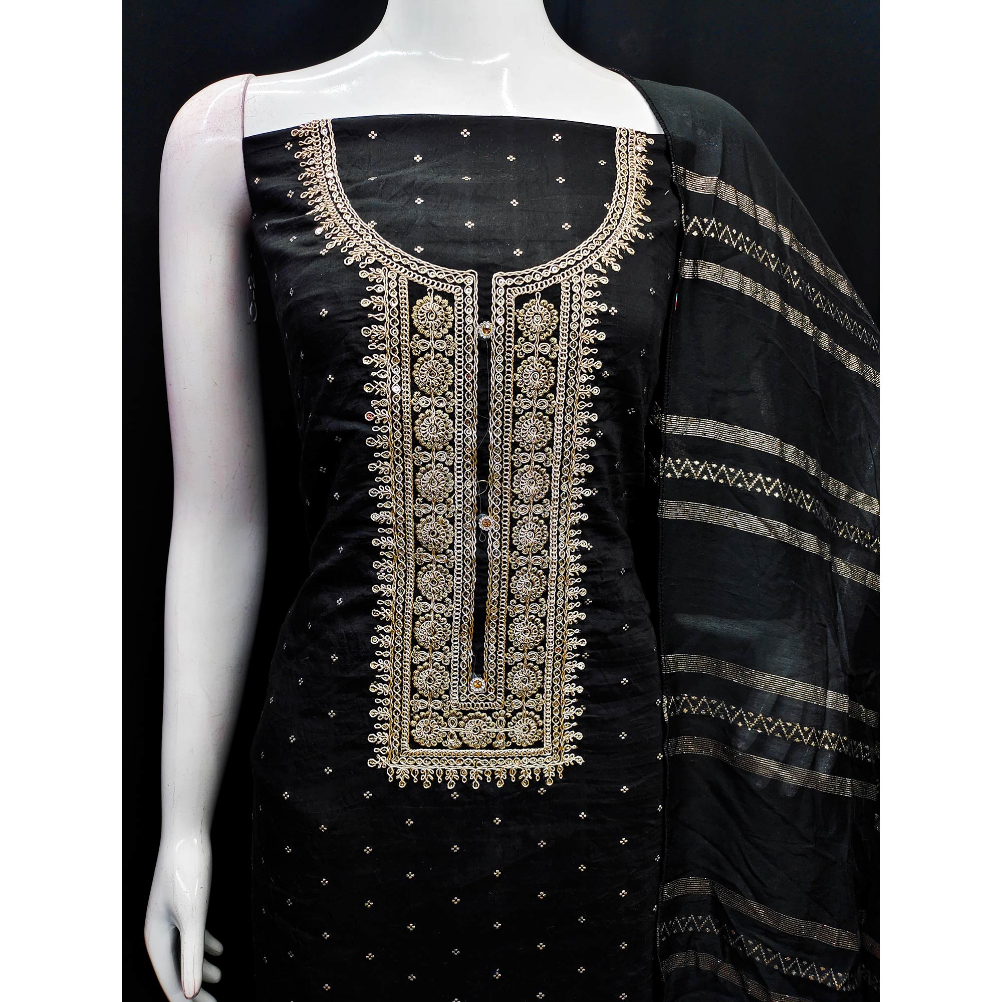 Black Butti With Embroidered Chanderi Silk Dress Material