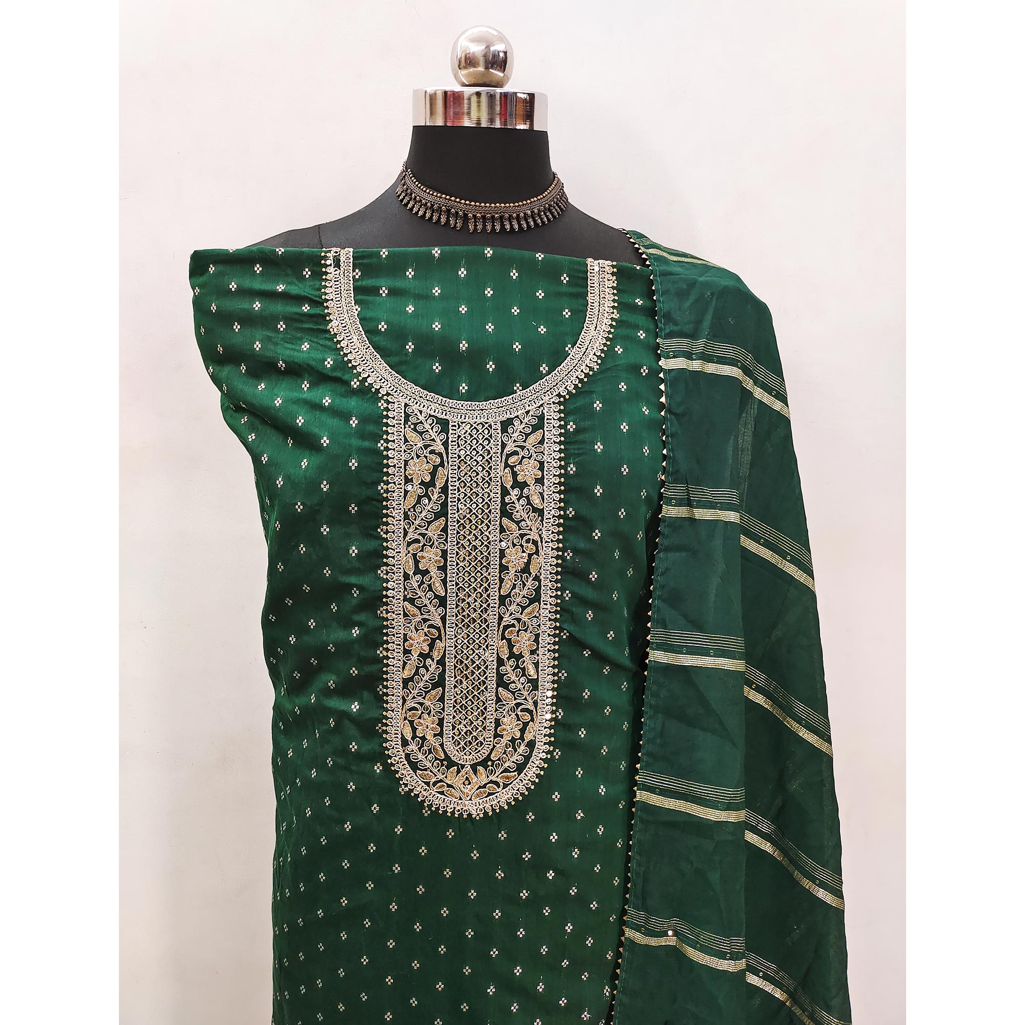 Green Butti With Embroidered Chanderi Silk Dress Material