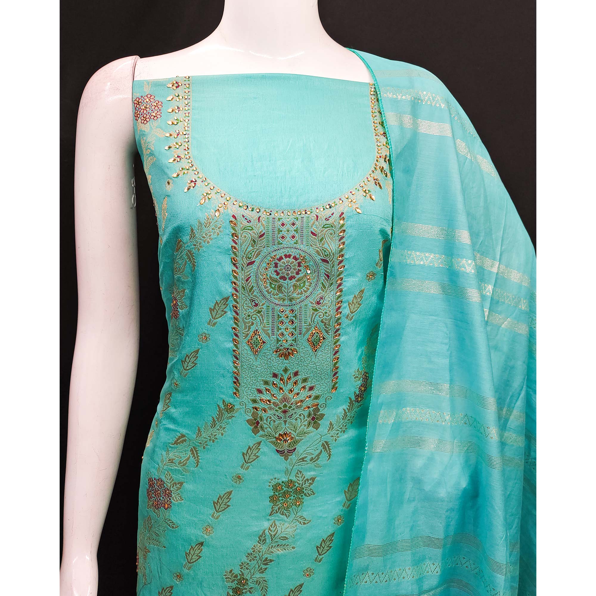 Turquoise Floral Woven Banarasi Silk Dress Material