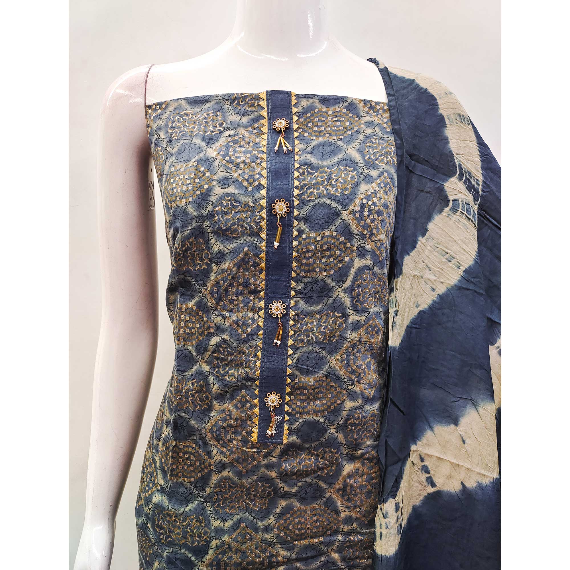 Blue Bandhani Printed Viscose Dress Material