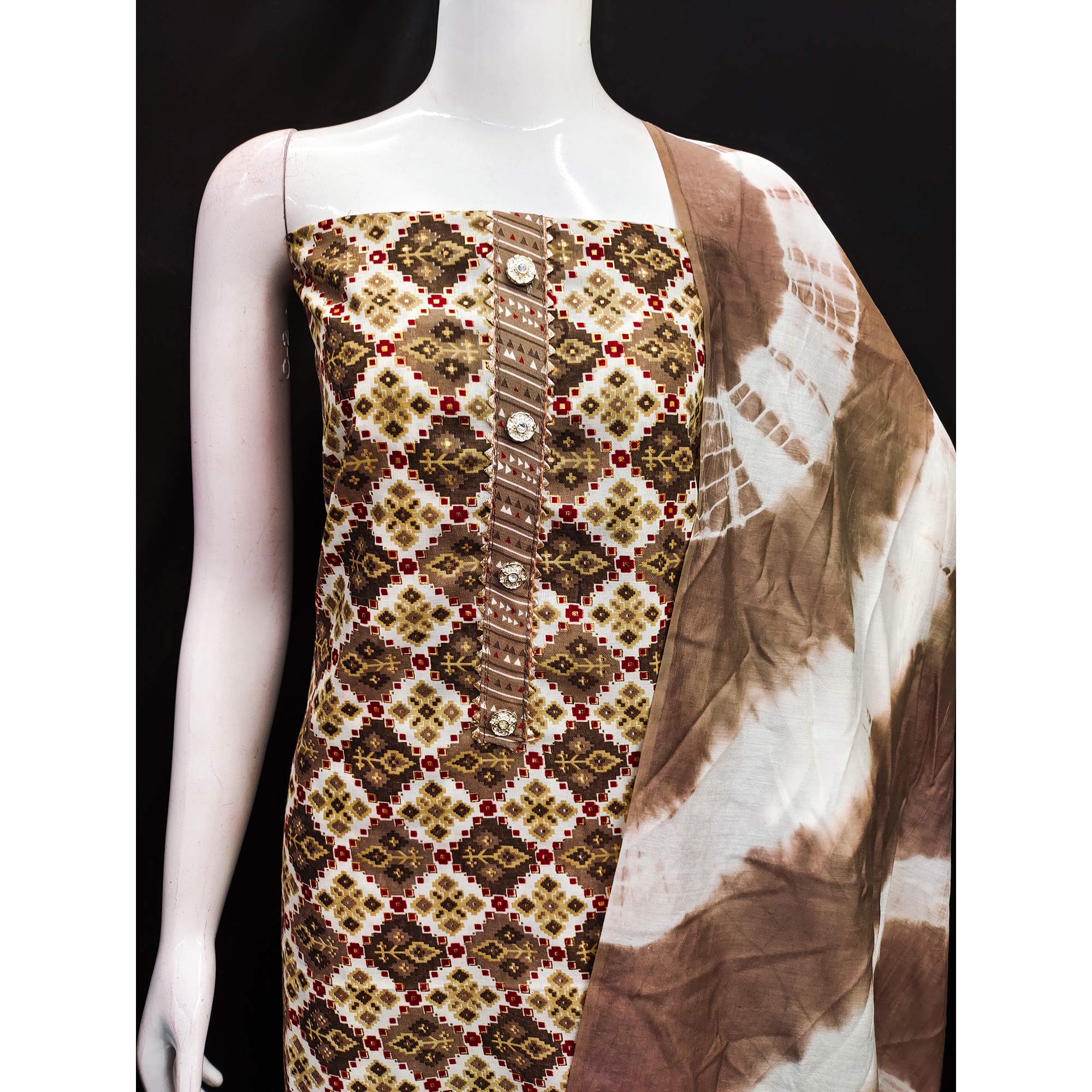 Brown Foil Printed Cotton Blend Dress Material