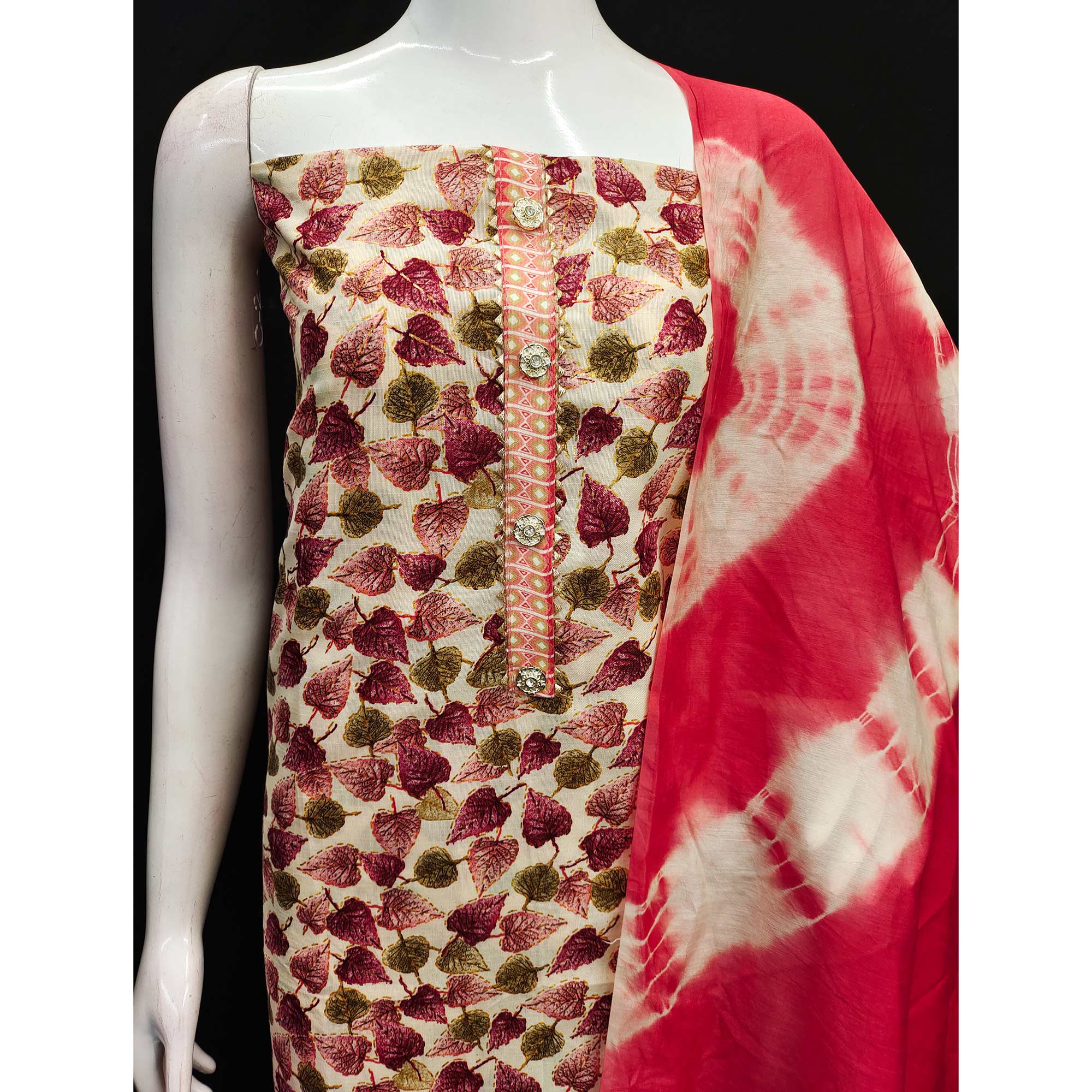Red Foil Printed Cotton Blend Dress Material