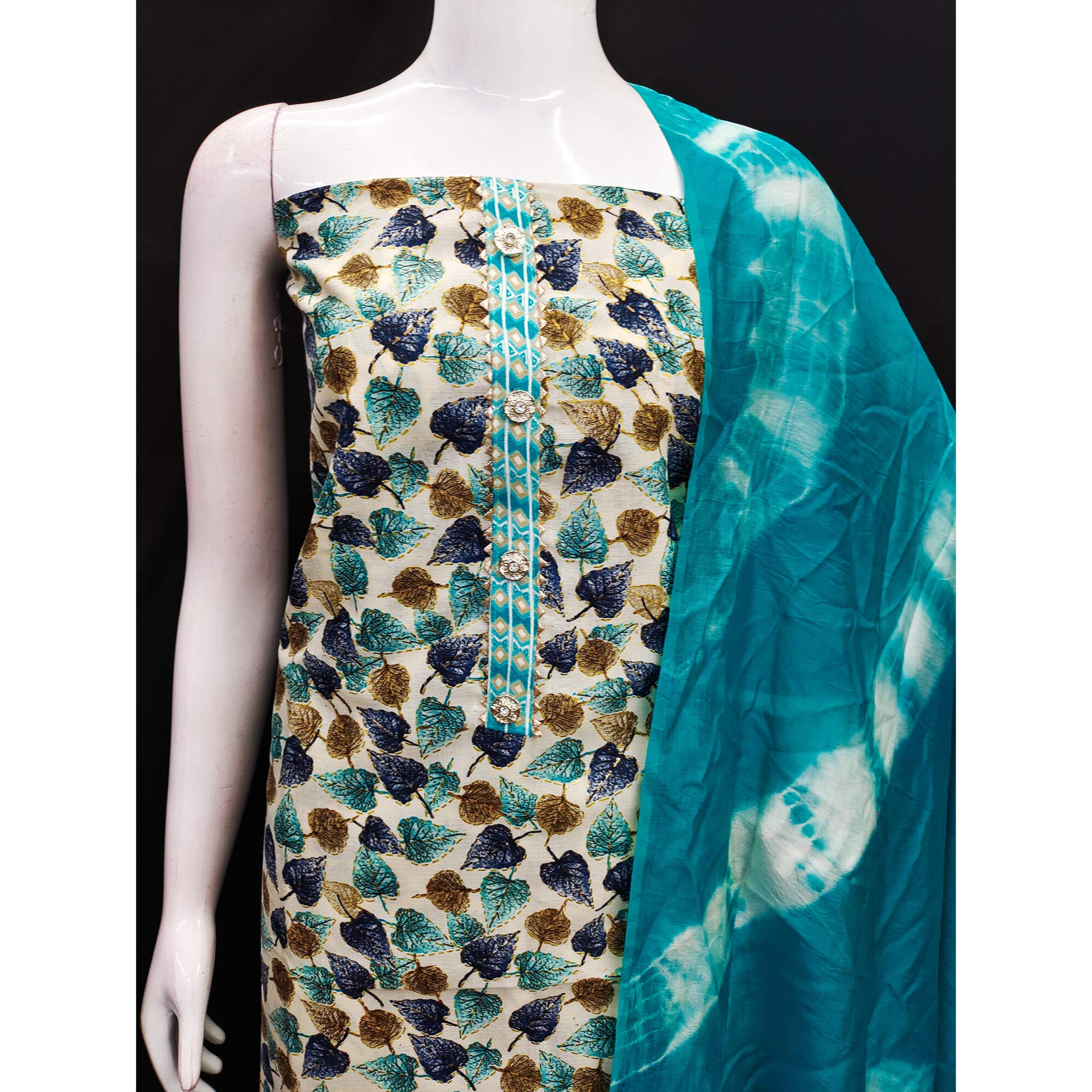 Turquoise Foil Printed Cotton Blend Dress Material