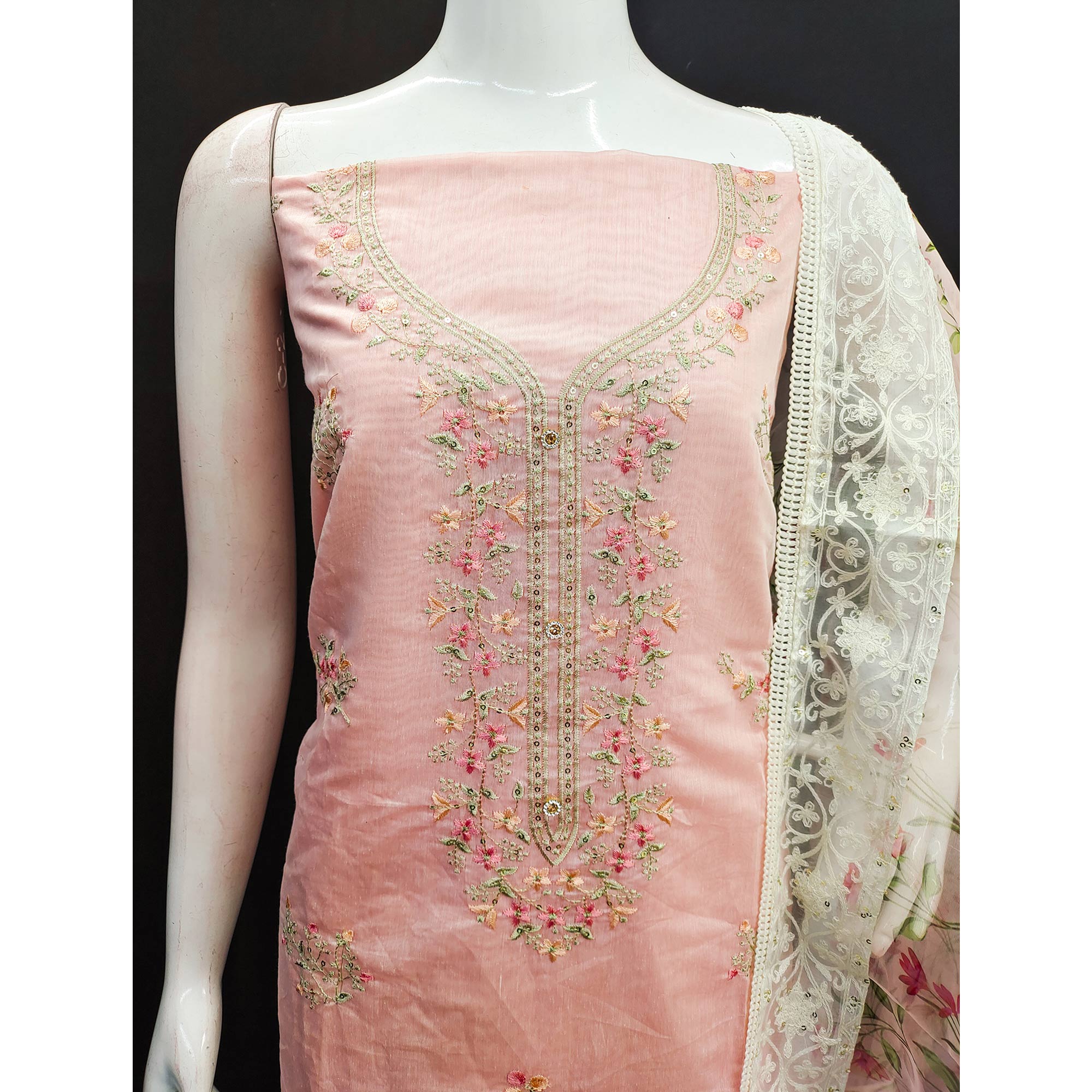 Peach Floral Embroidered Chanderi Silk Dress Material