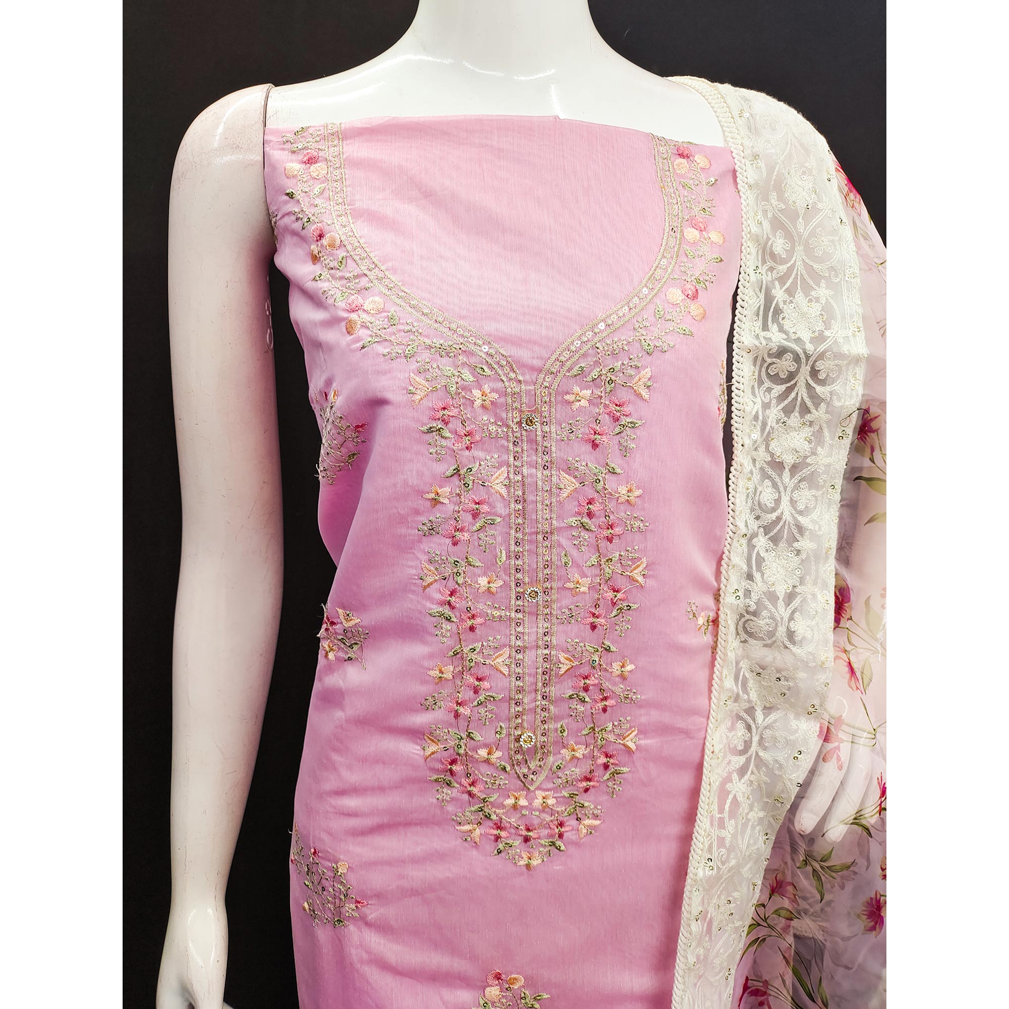 Pink Floral Embroidered Chanderi Silk Dress Material