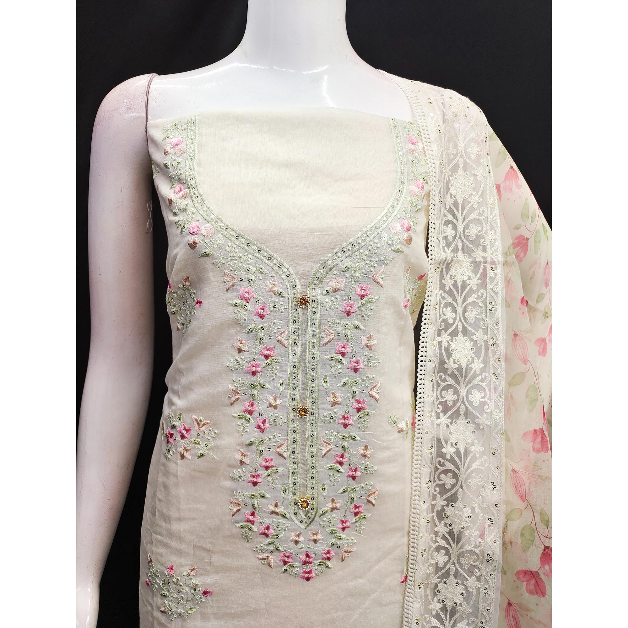White Floral Embroidered Chanderi Silk Dress Material