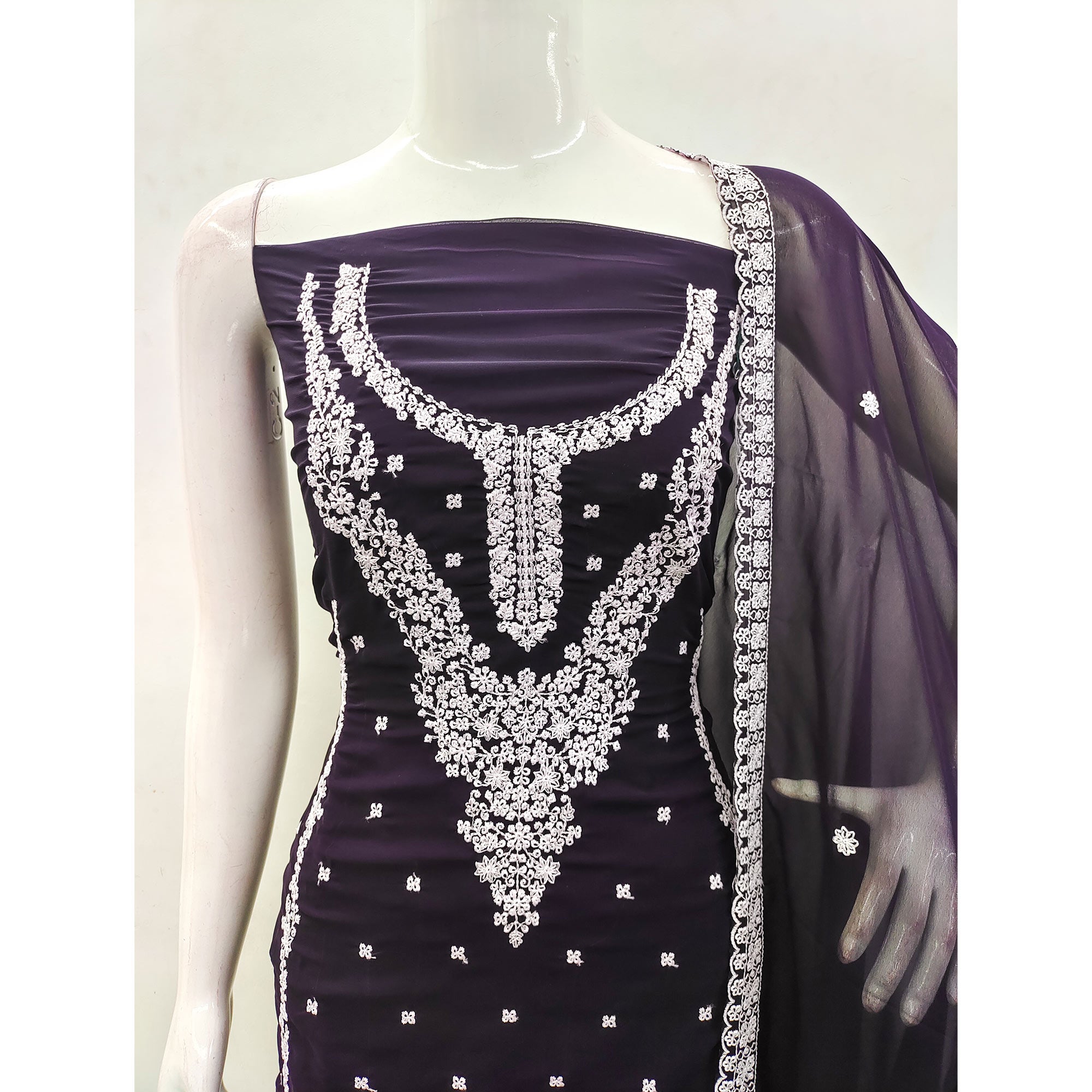 Purple Floral Embroidered Georgette Dress Material