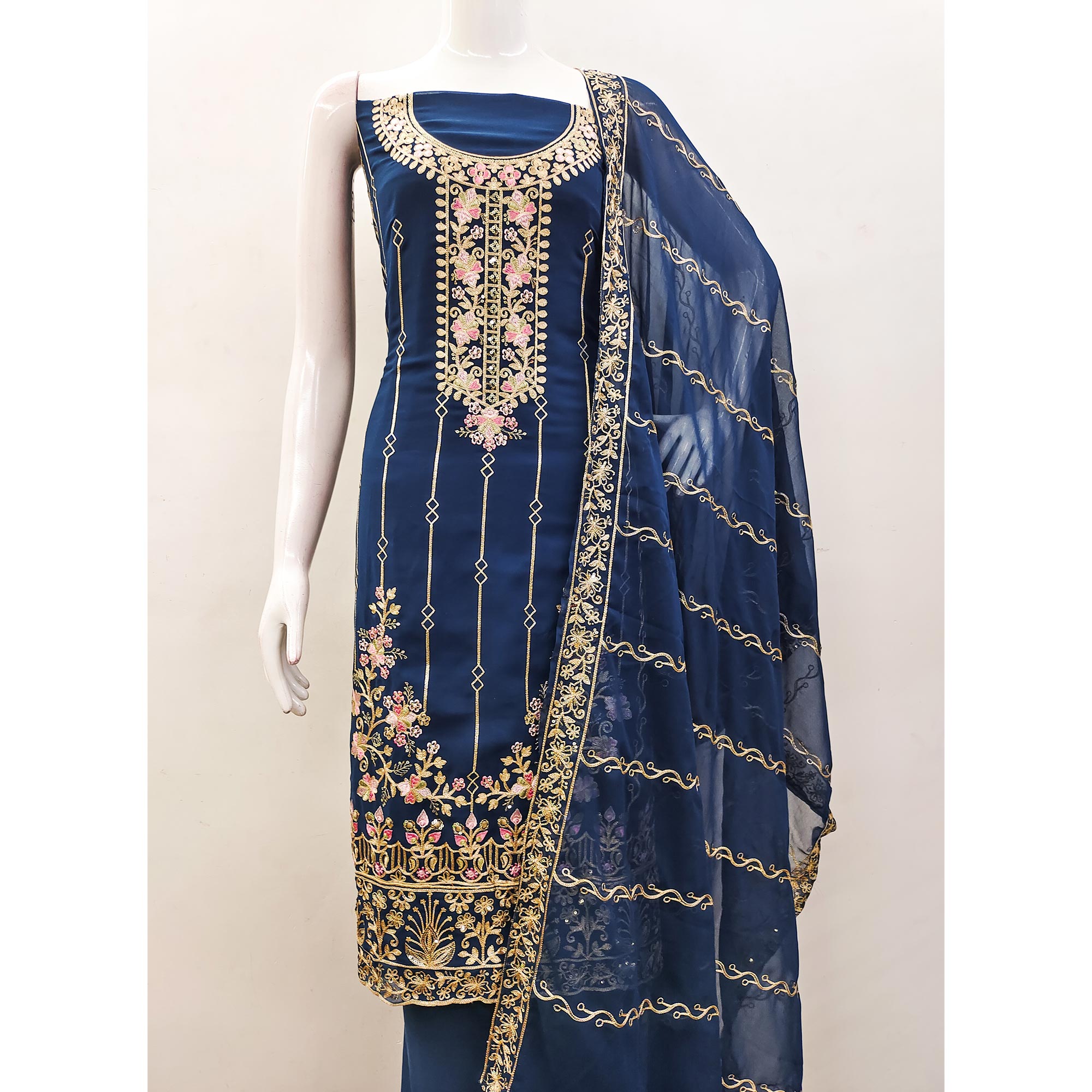 Blue Embroidered Georgette Dress Material