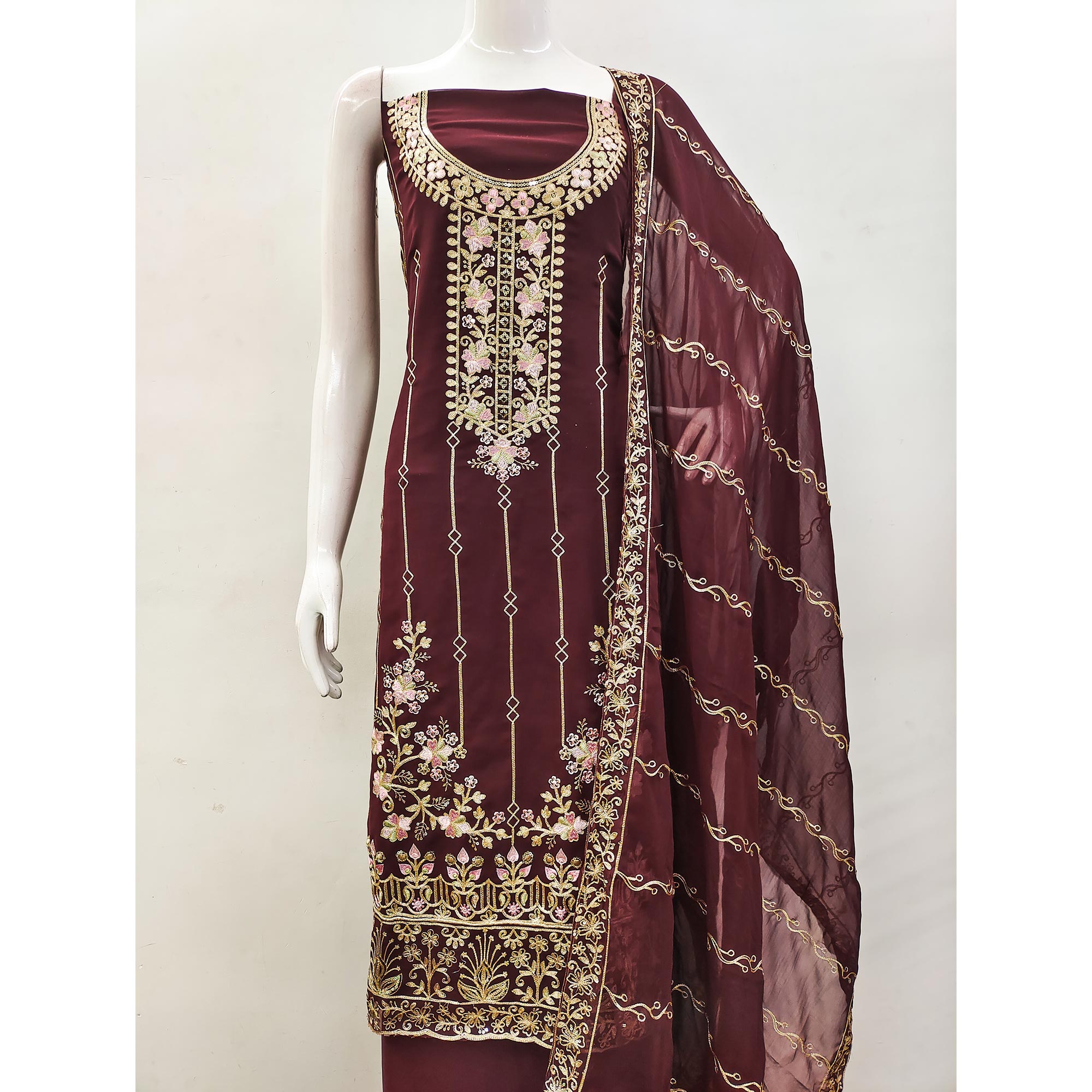 Dark Brown Embroidered Georgette Dress Material