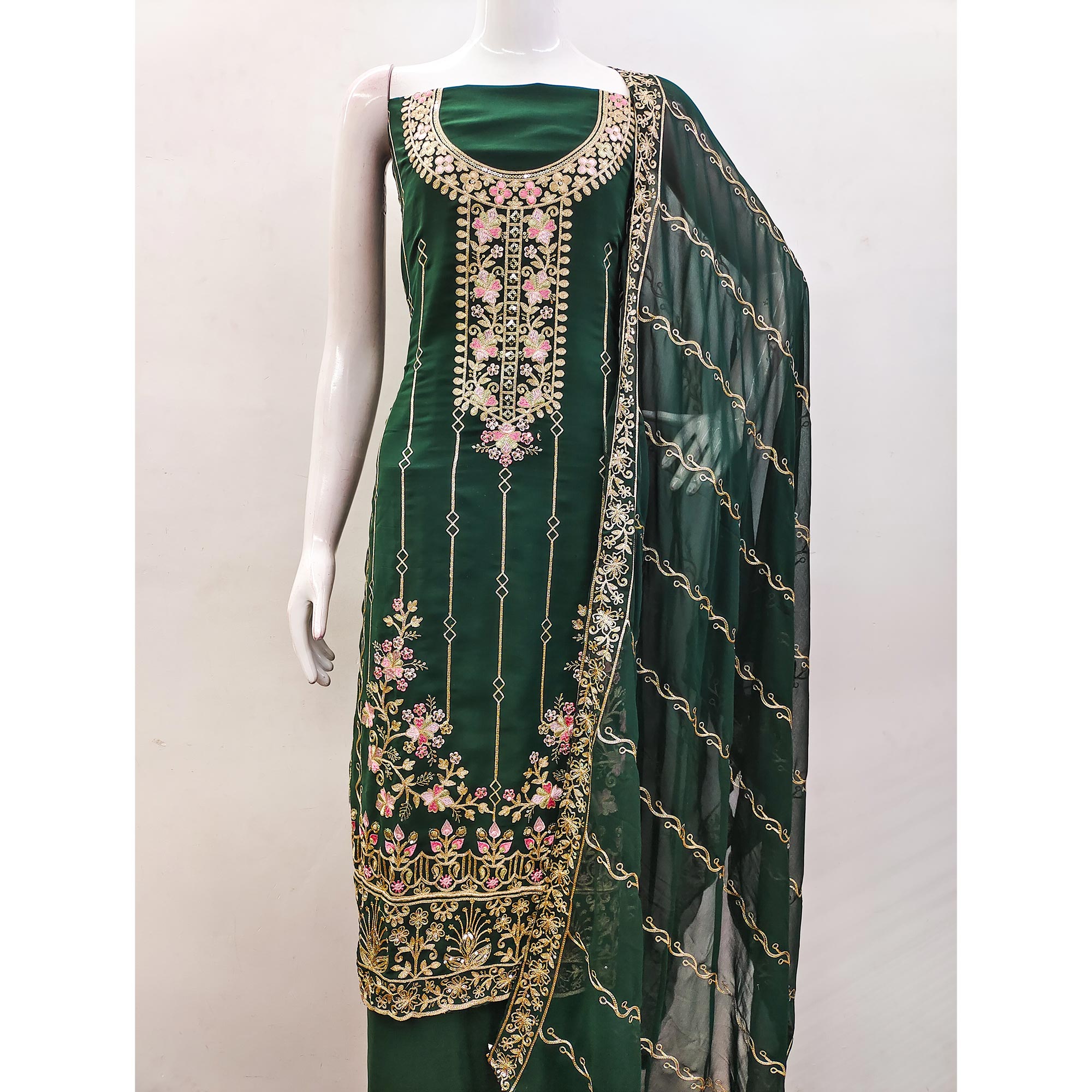 Green Embroidered Georgette Dress Material