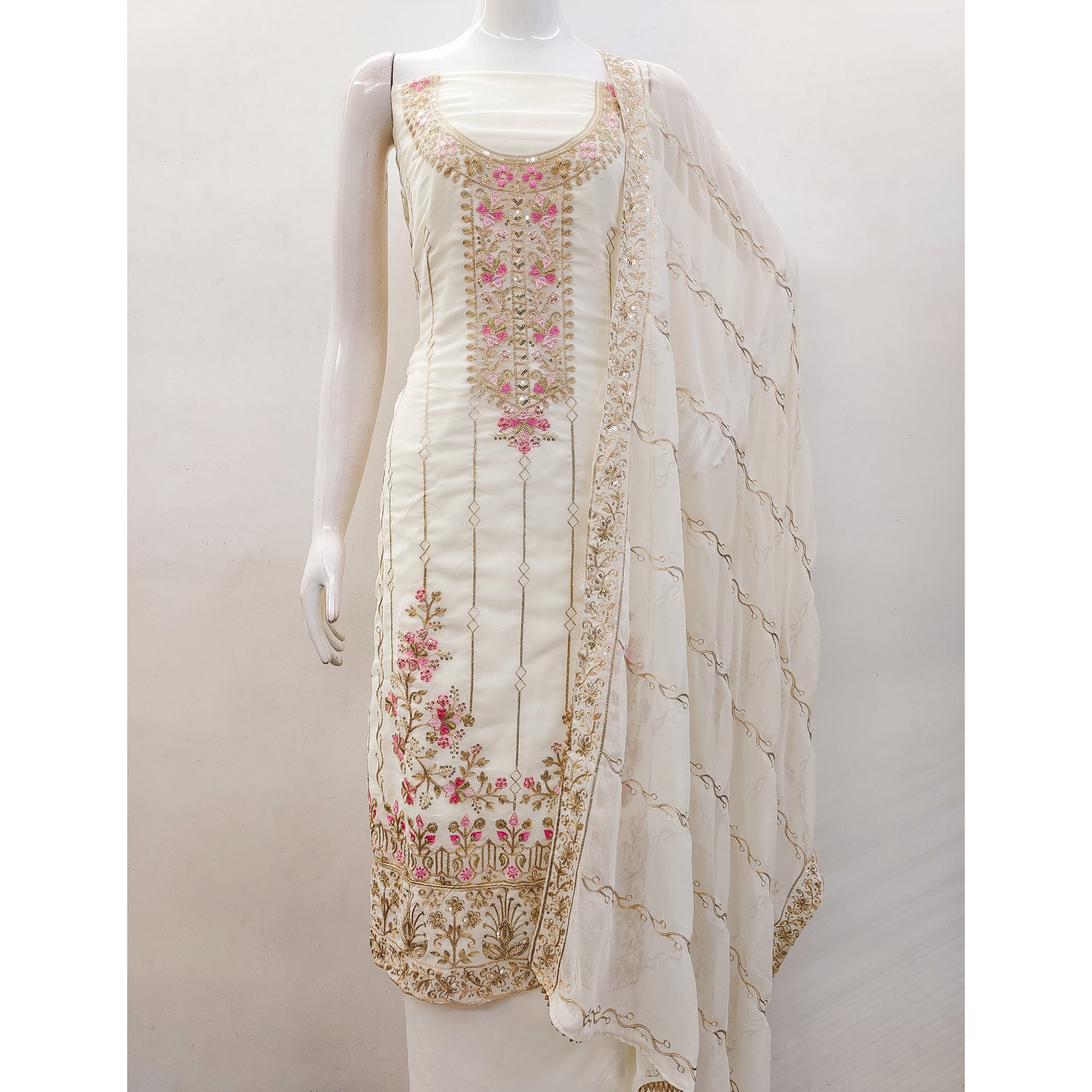 Off White Embroidered Georgette Dress Material