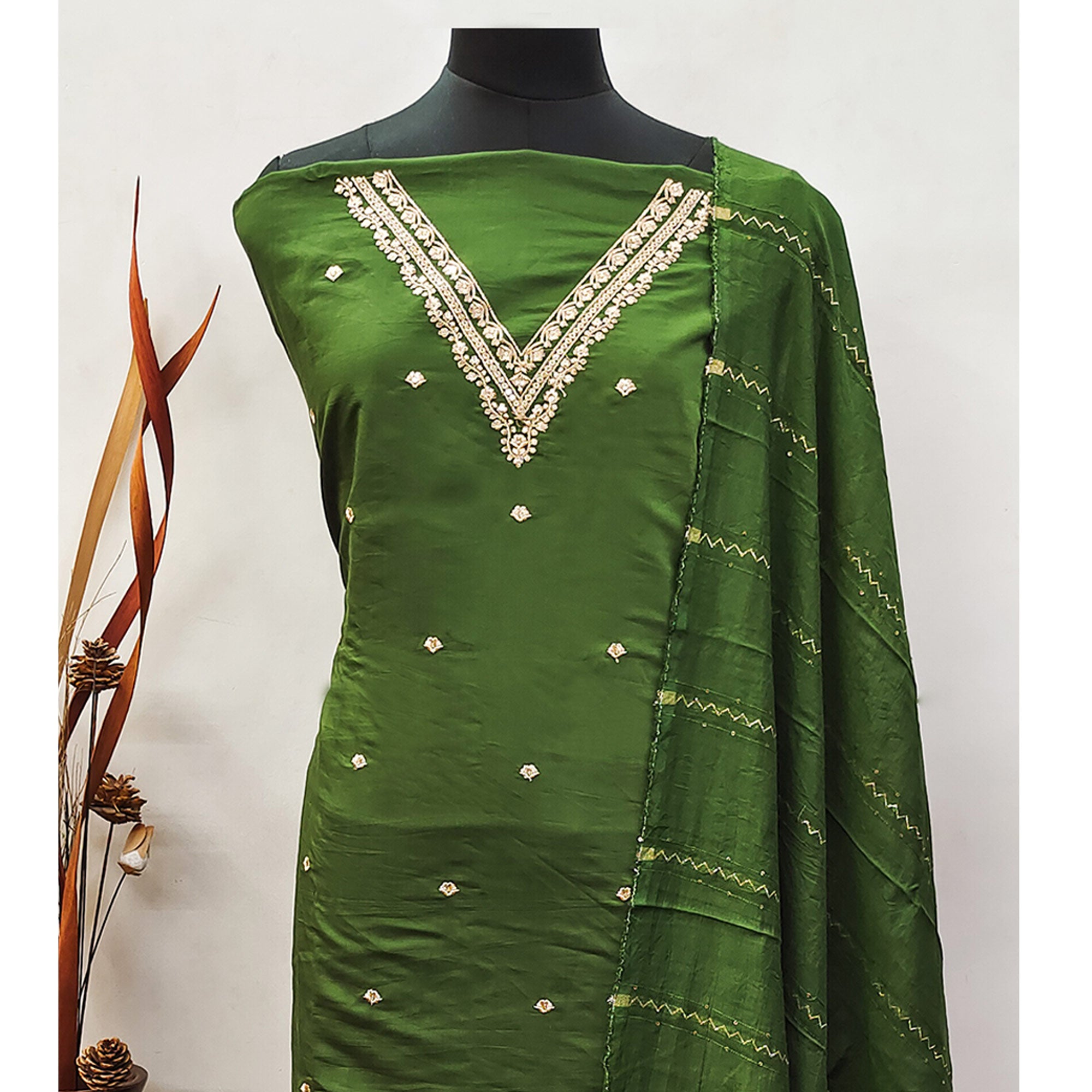 Green Floral Embroidered Viscose Dress Material