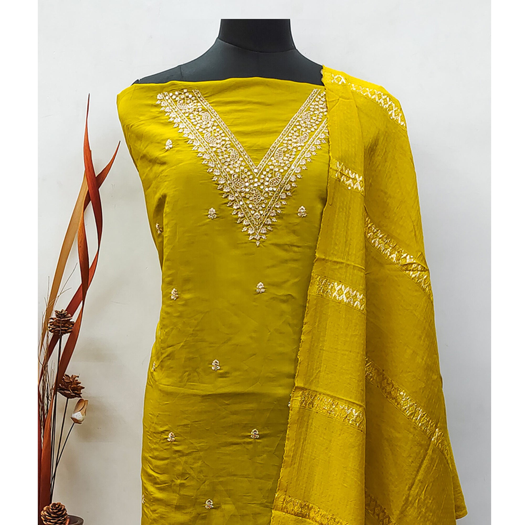 Mustard Floral Embroidered Viscose Dress Material