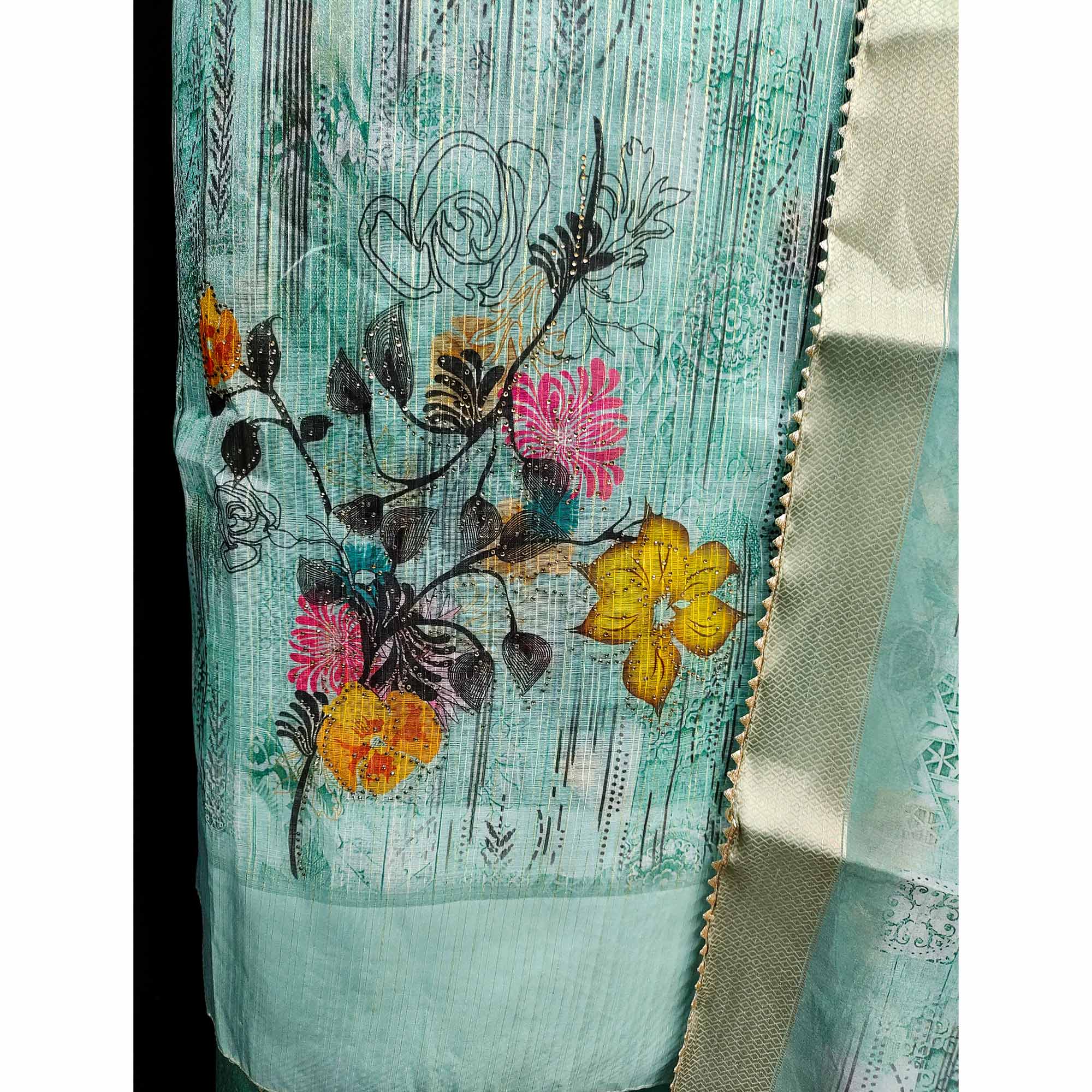 Turquoise Floral Printed With Swarovski Work Organza Dress Material