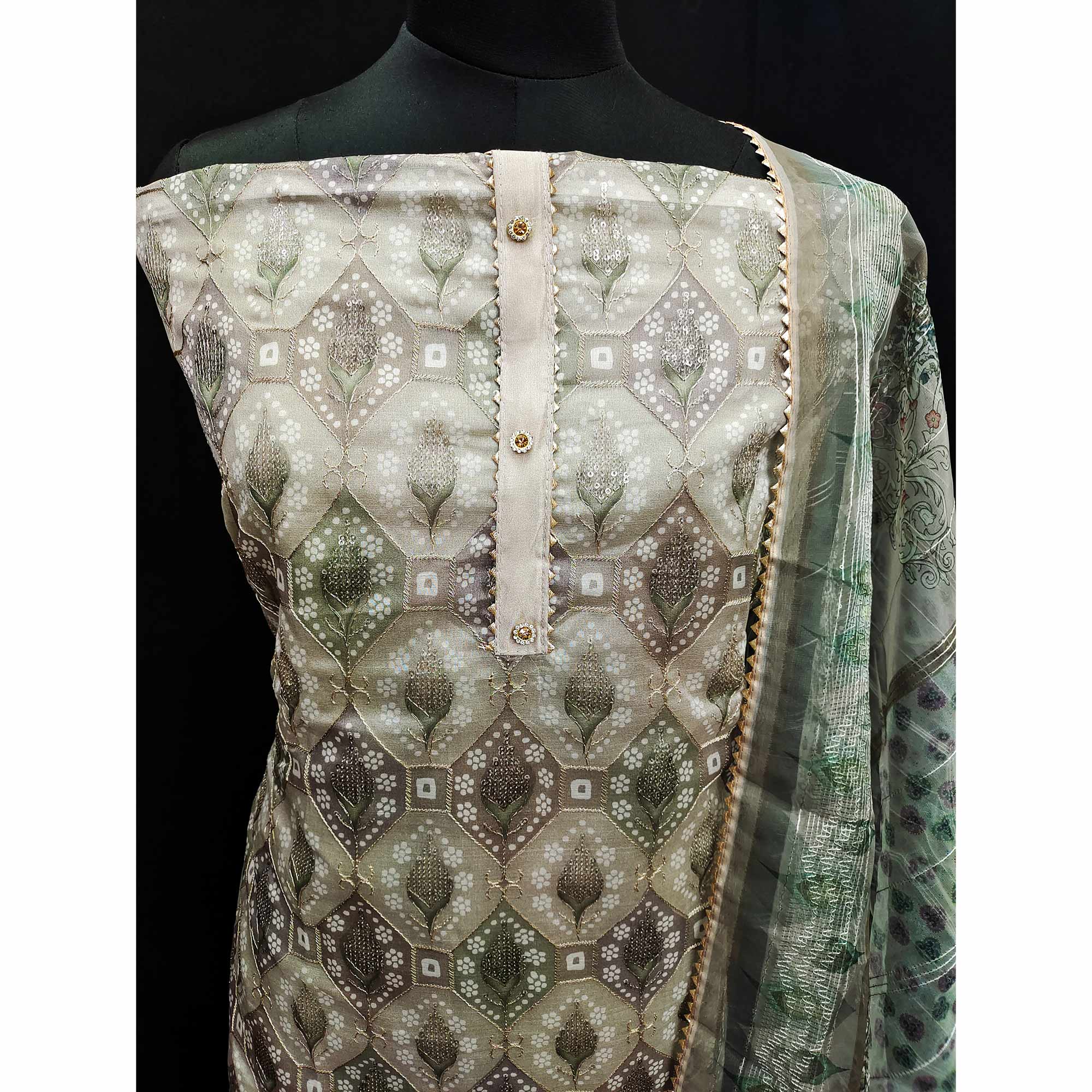 Green Embroidered With Printed Organza Dress Material