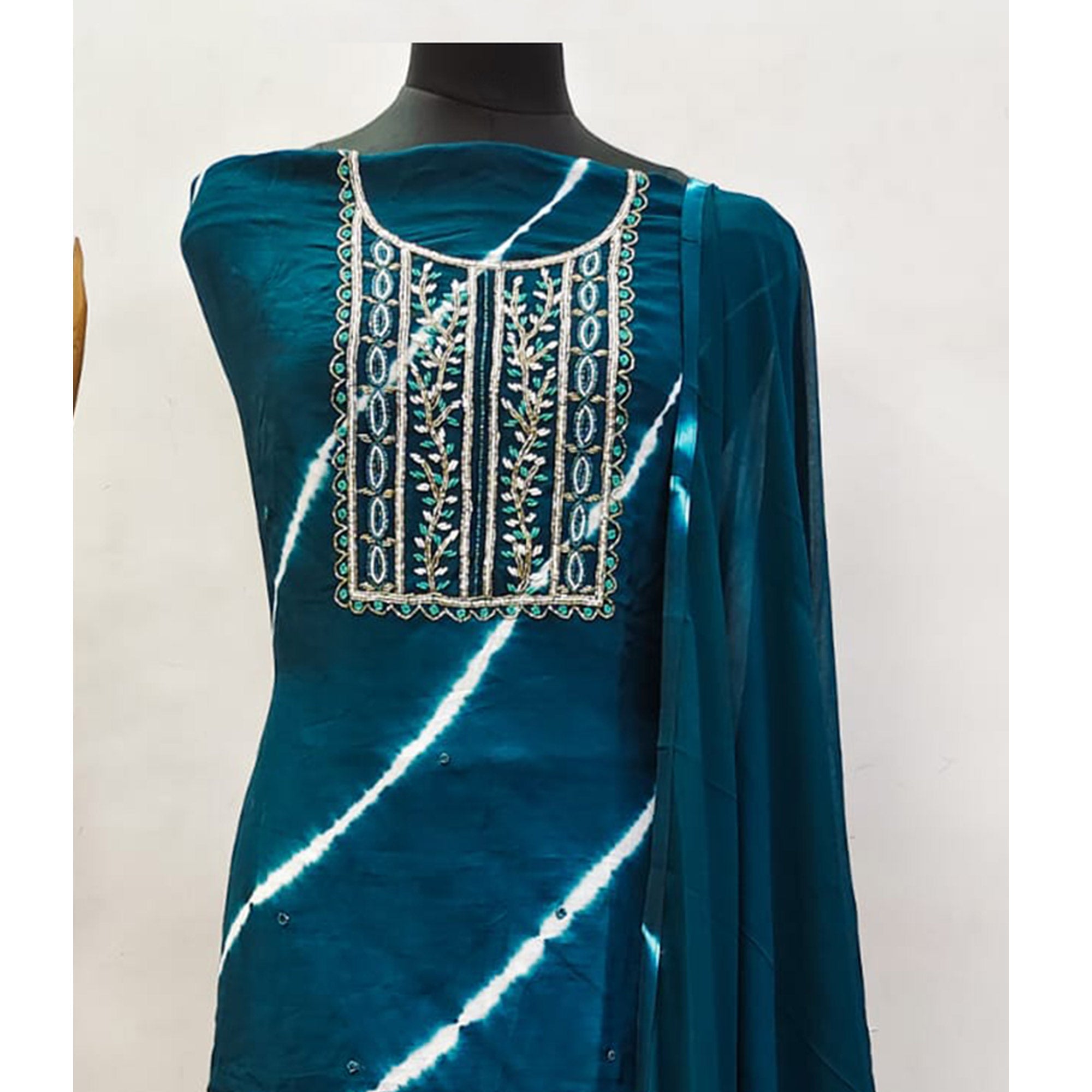 Morpich Handwork Embroidery With Leheriya Printed Viscose Dress Material
