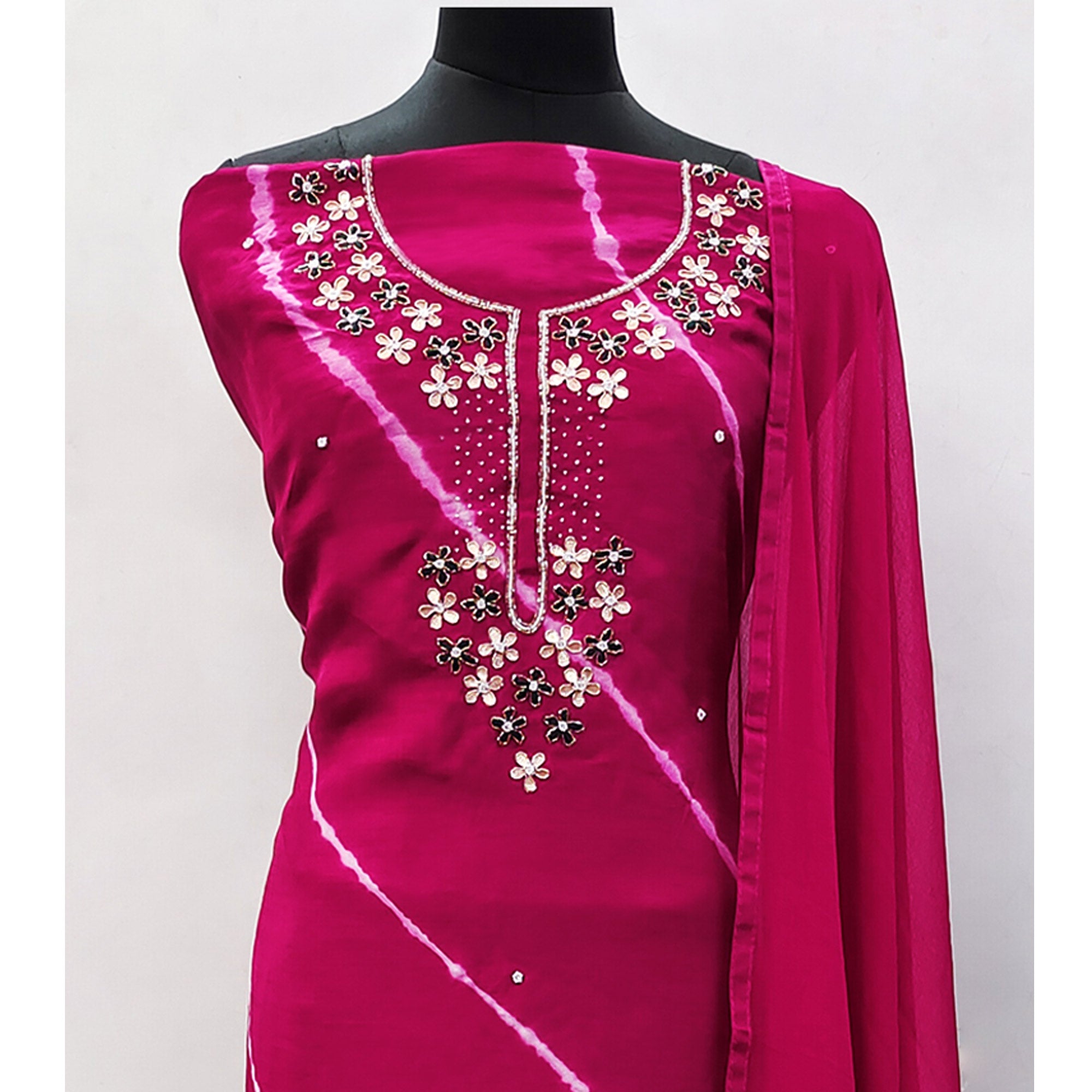 Pink Handwork Embroidery With Leheriya Printed Viscose Dress Material