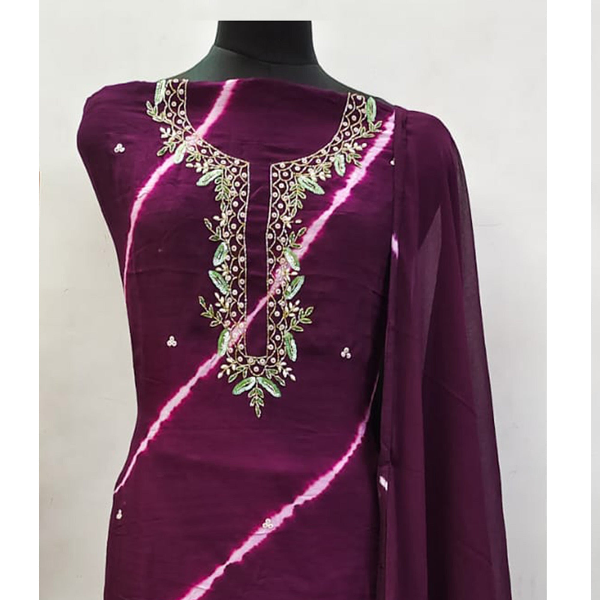 Purple Handwork Embroidery With Leheriya Printed Viscose Dress Material