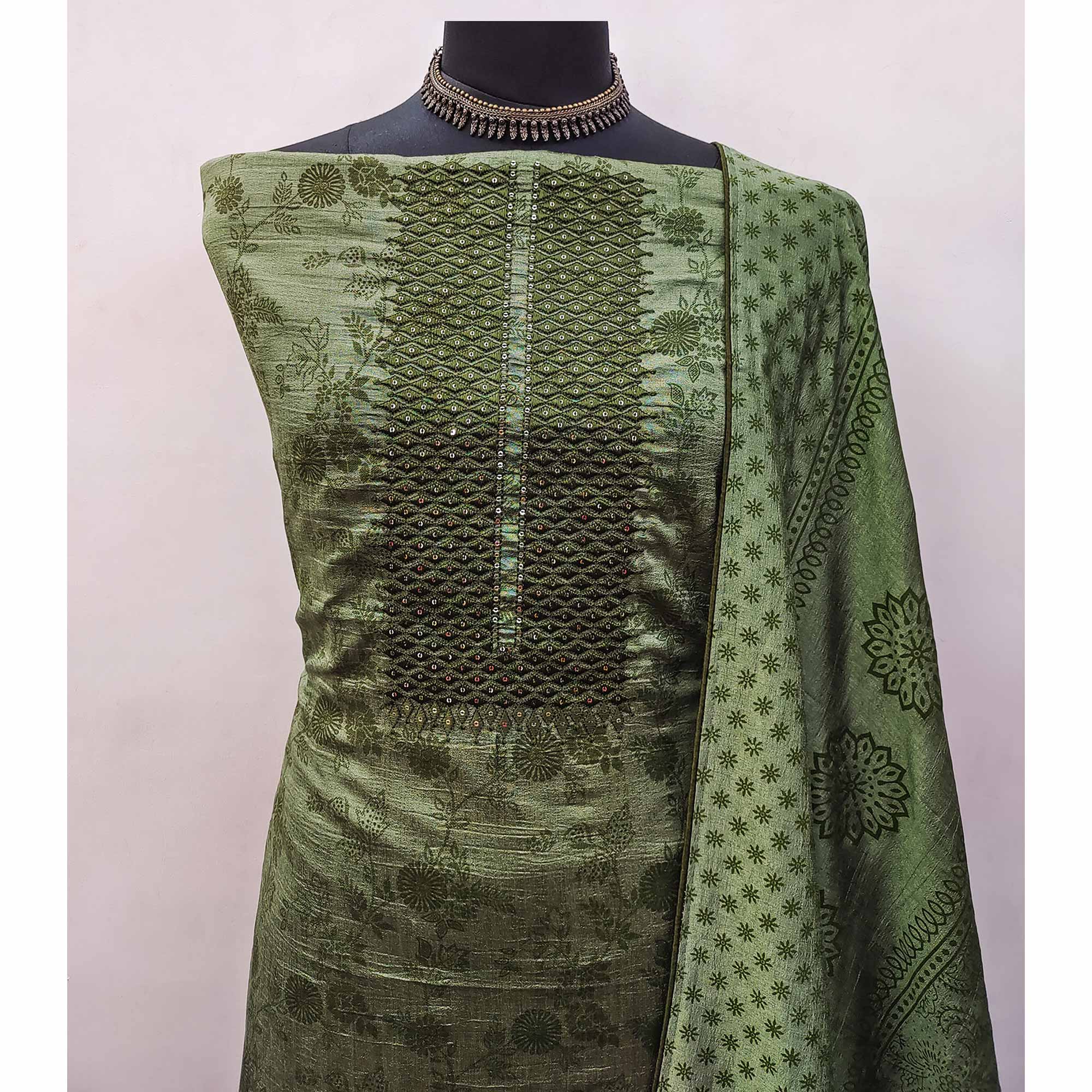 Green Sequins Embroidered Vichitra Silk Dress Material