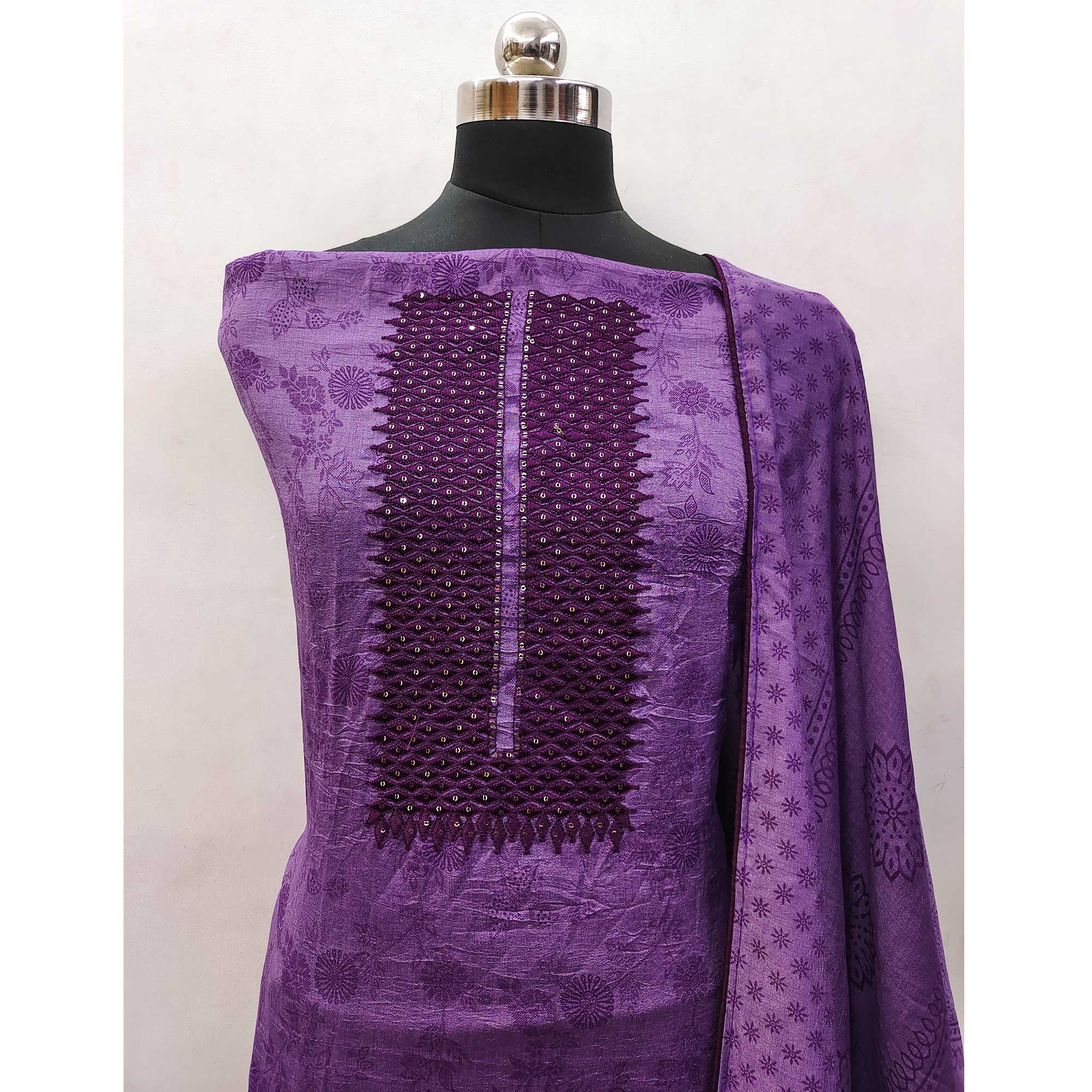 Purple Sequins Embroidered Vichitra Silk Dress Material