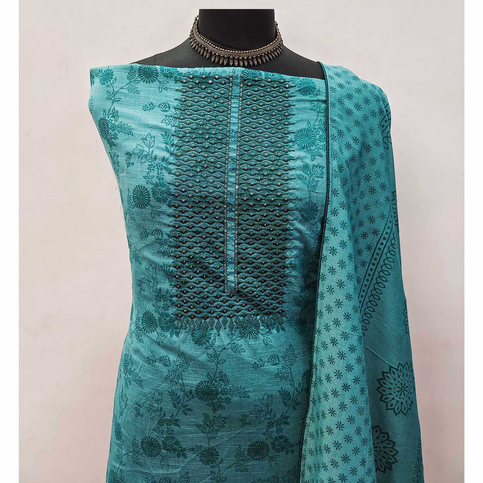 Rama Blue Sequins Embroidered Vichitra Silk Dress Material