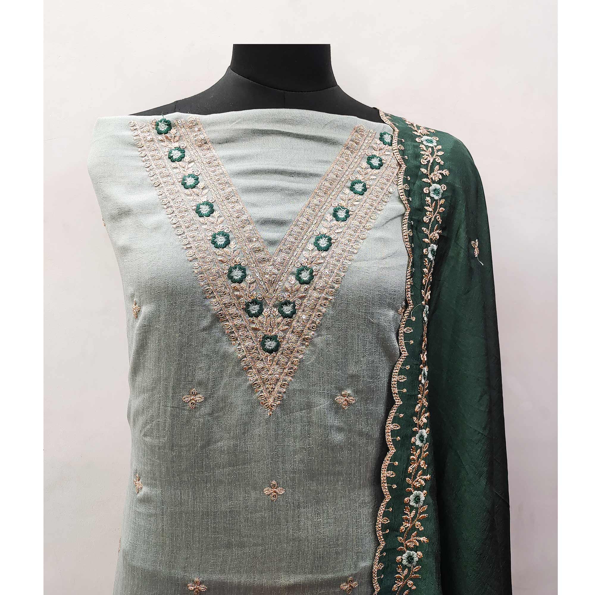 Light Green Floral Embroidered Vichitra Silk Dress Material