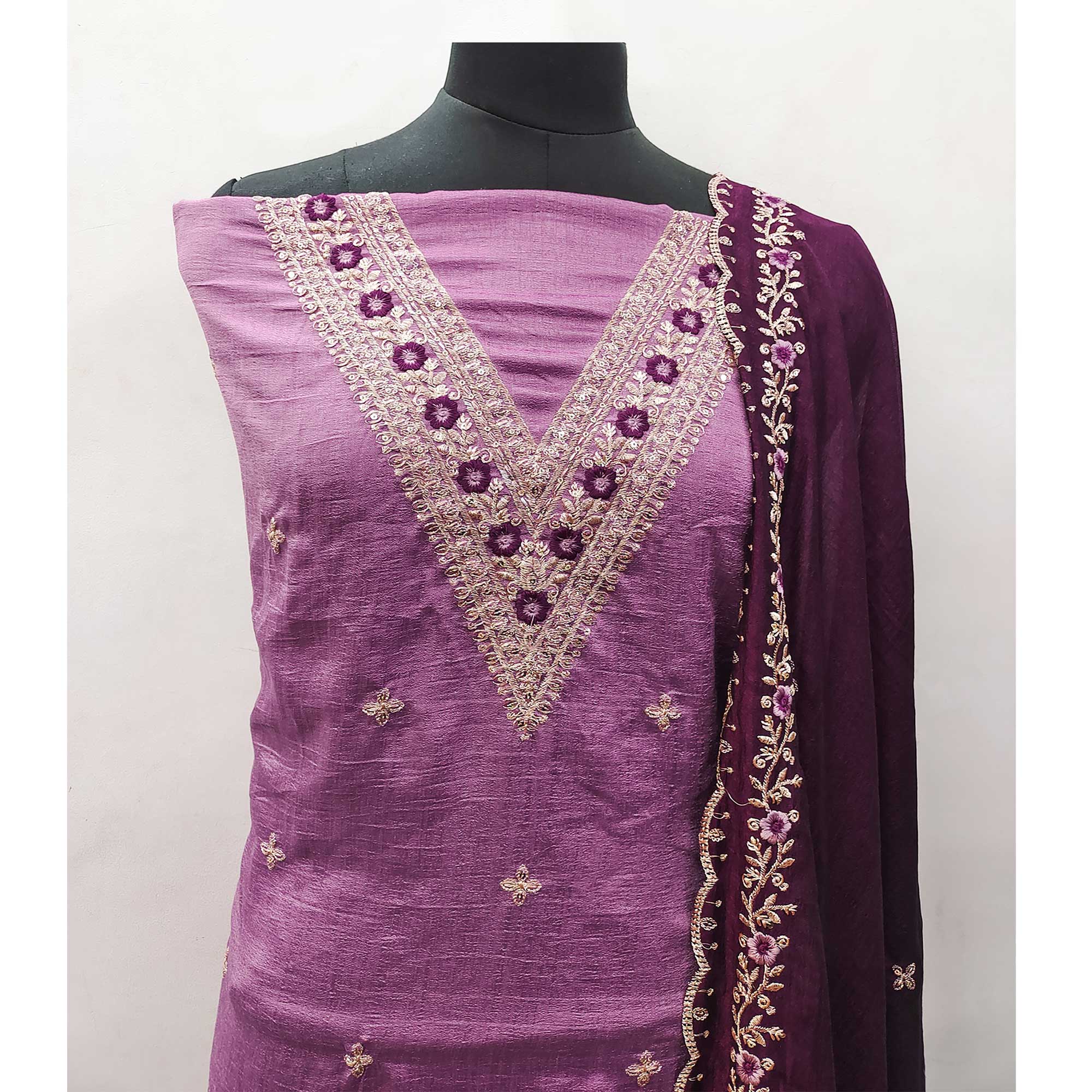 Pink Floral Embroidered Vichitra Silk Dress Material