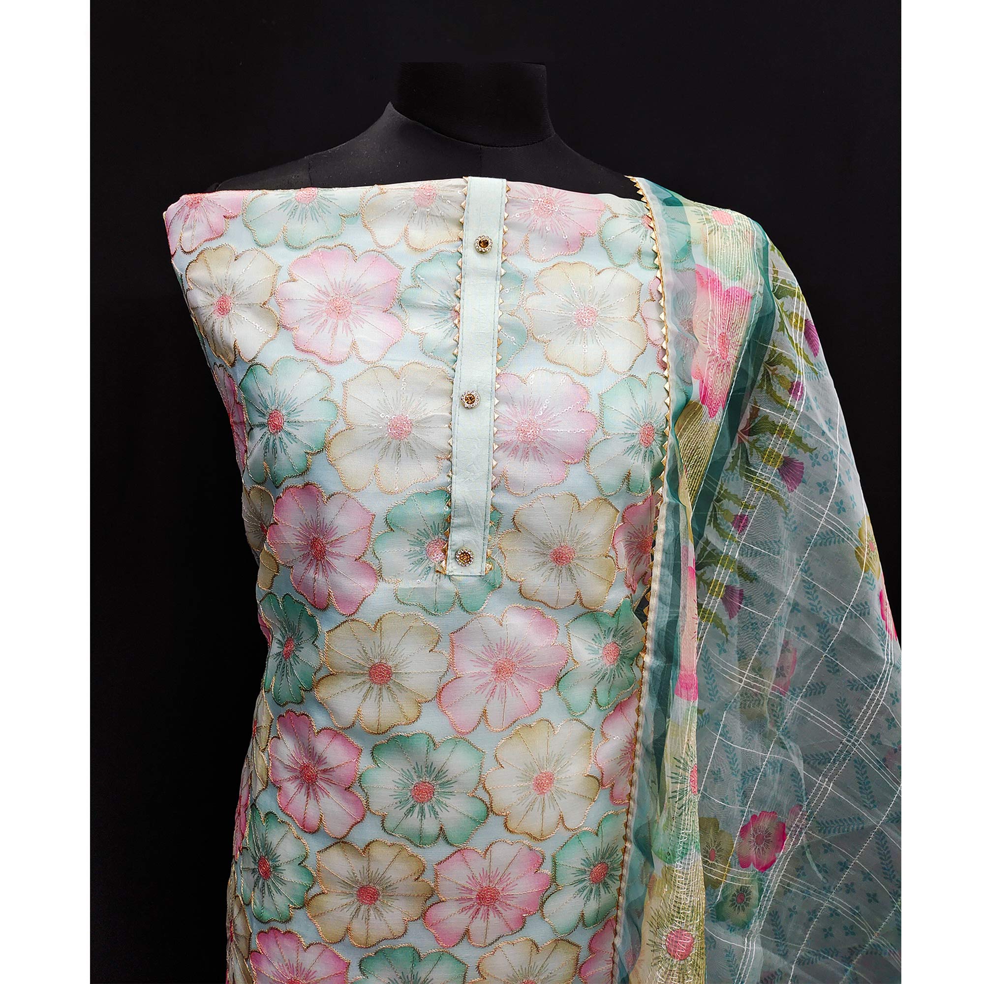 Light Turquoise Floral Printed Organza Dress Material