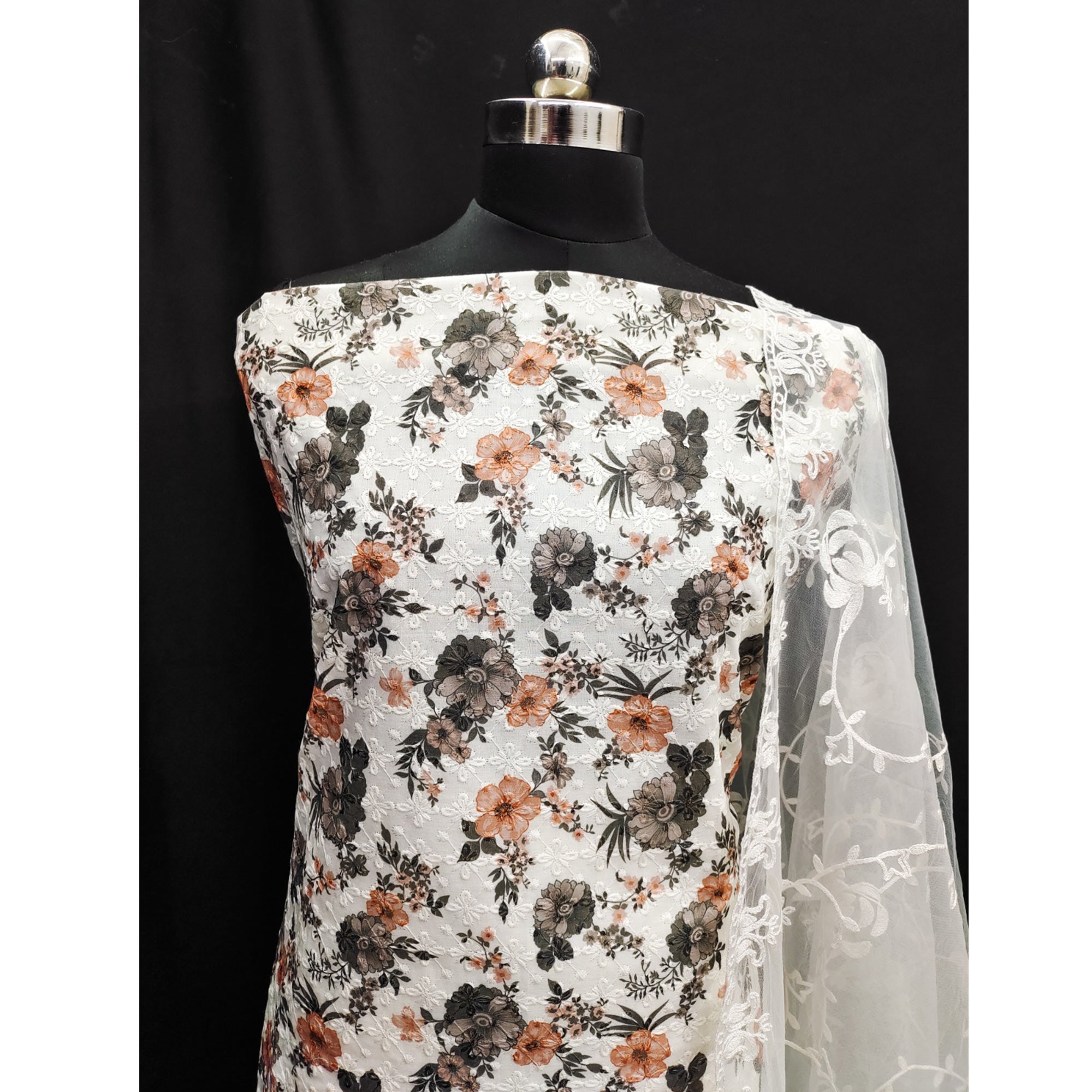 White Lucknowi With Embroidered Cotton Blend Dress Material