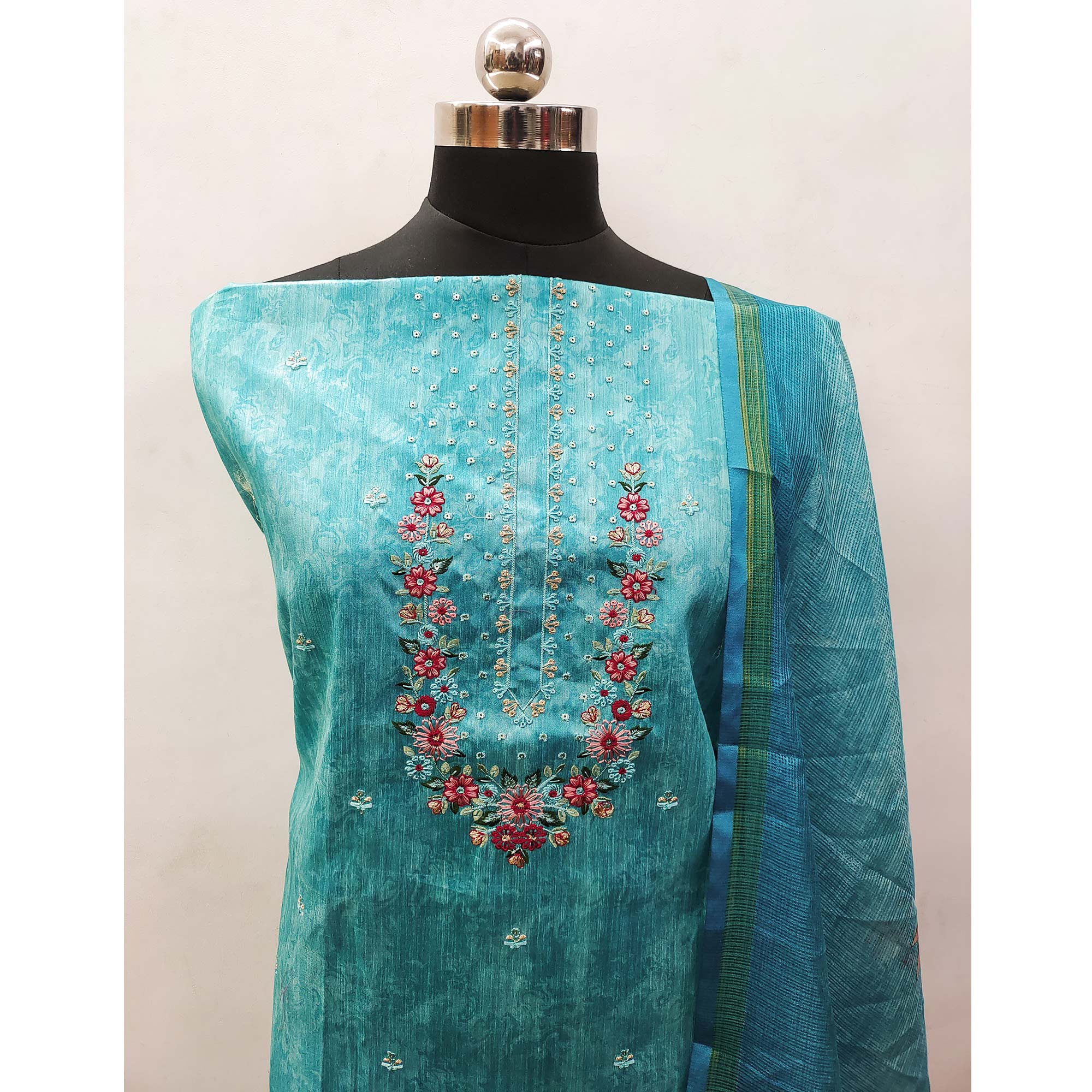 Aqua Blue Embroidered Art Silk Dress Material