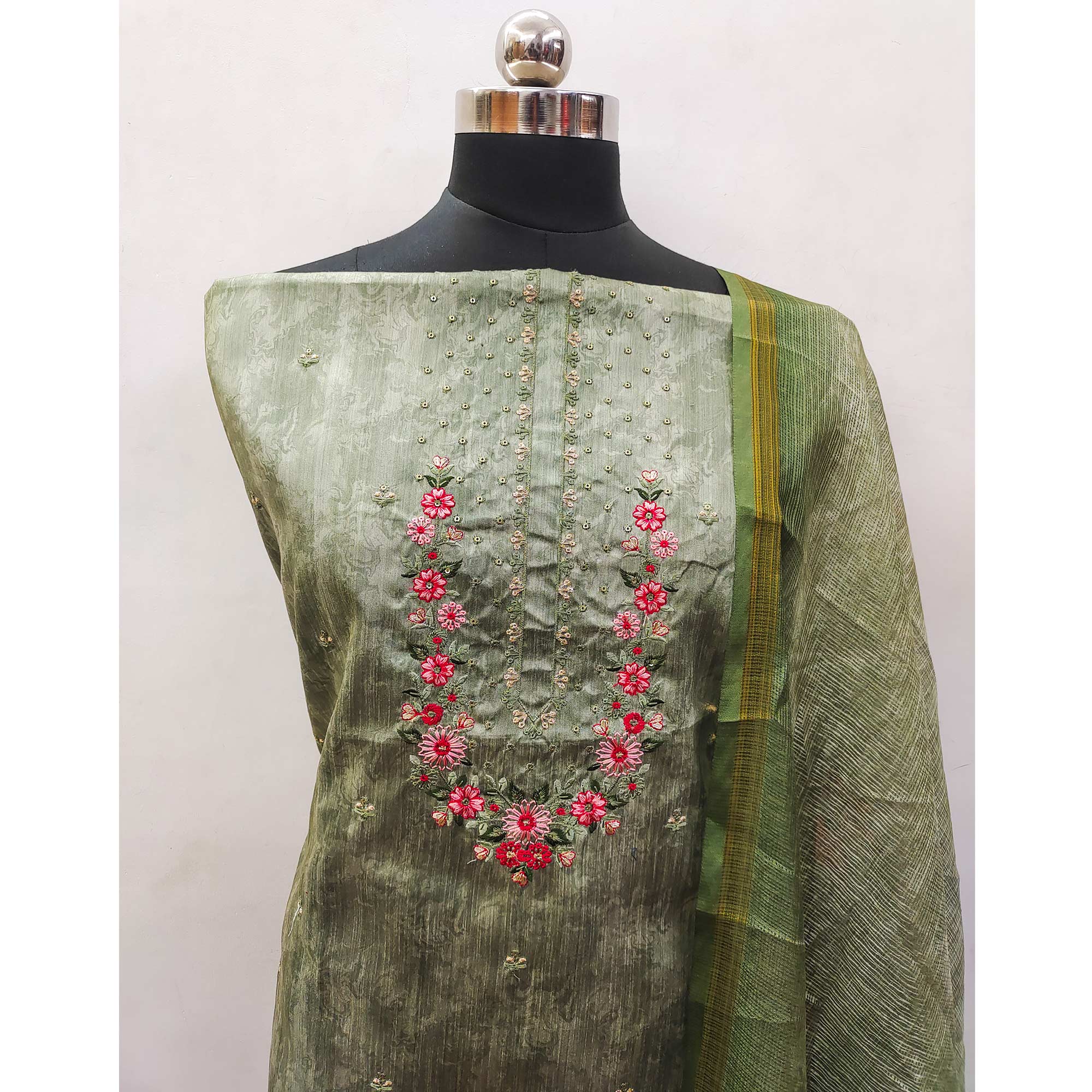 Green Embroidered Art Silk Dress Material