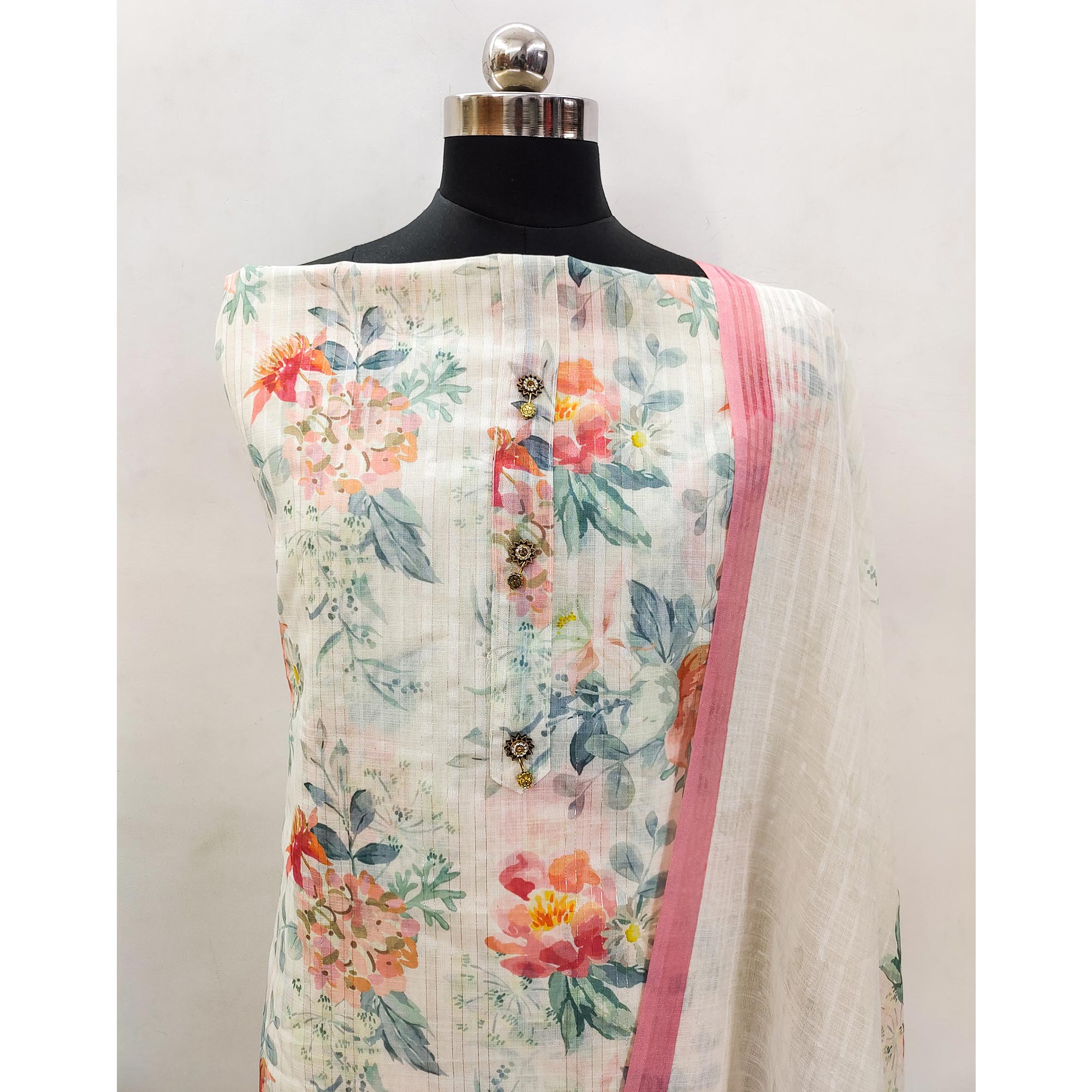 Off White Printed Linen Dress Material