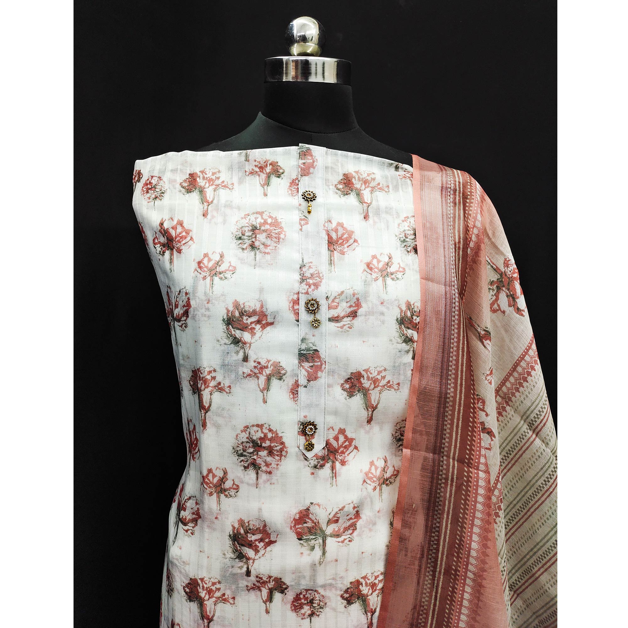 White & Rust Printed Linen Dress Material