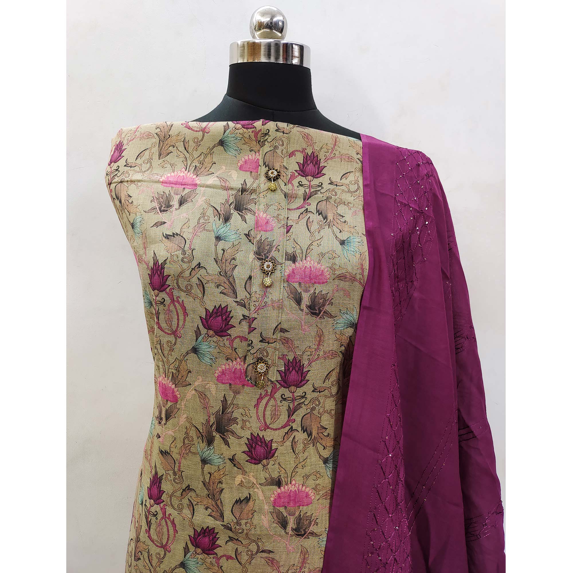 Chikoo Floral Printed Cotton Silk Dress Material