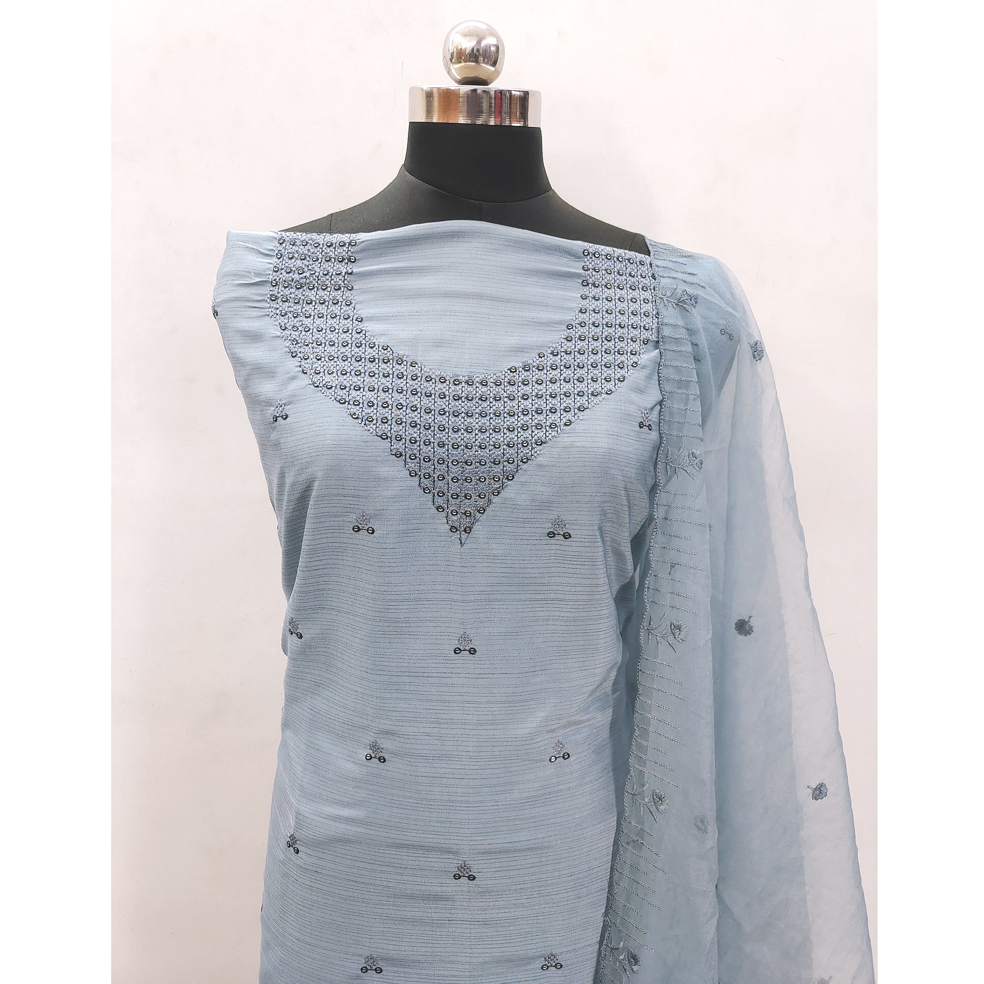 Grey Sequins Embroidered Art Silk Dress Material