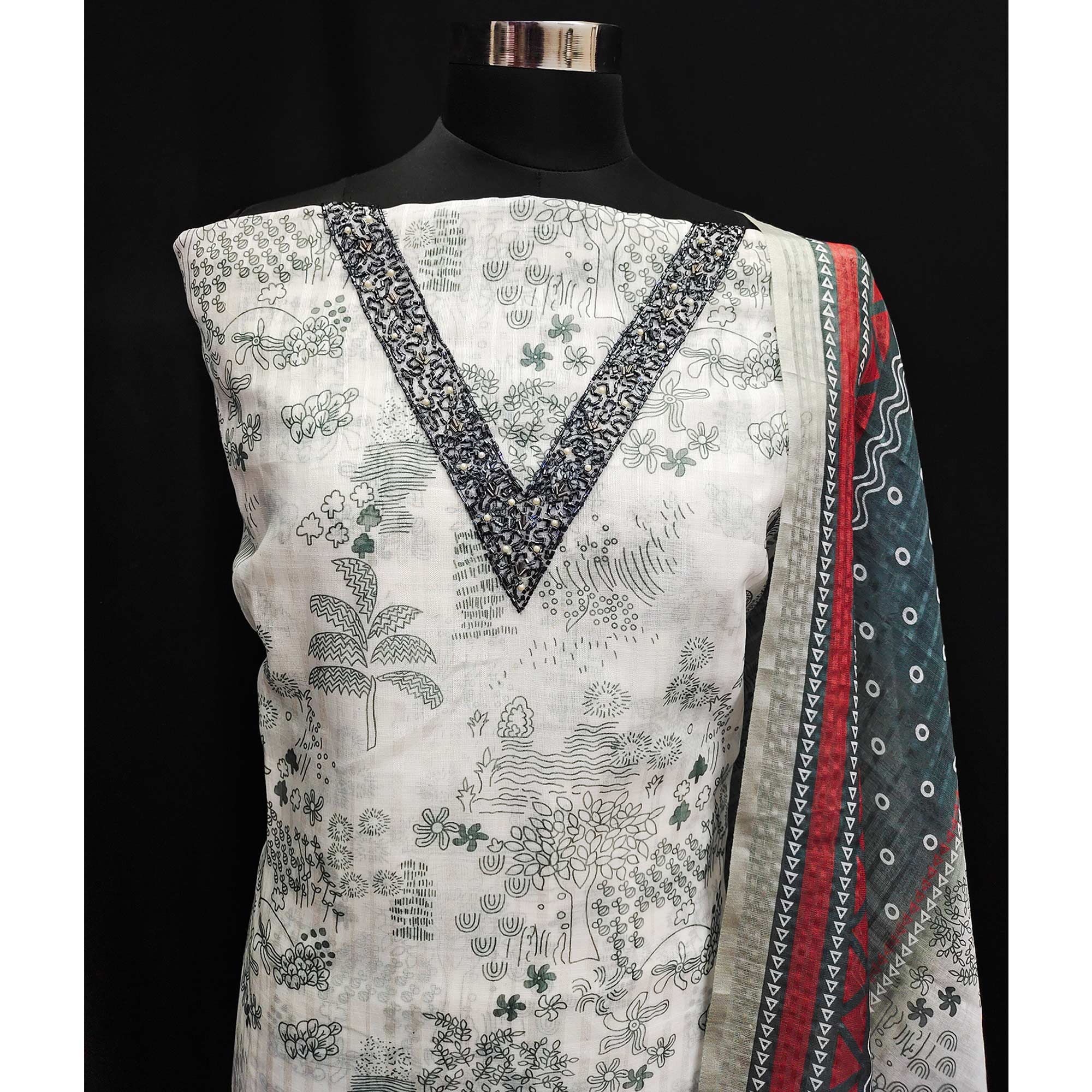 White Floral Printed Linen Dress Material