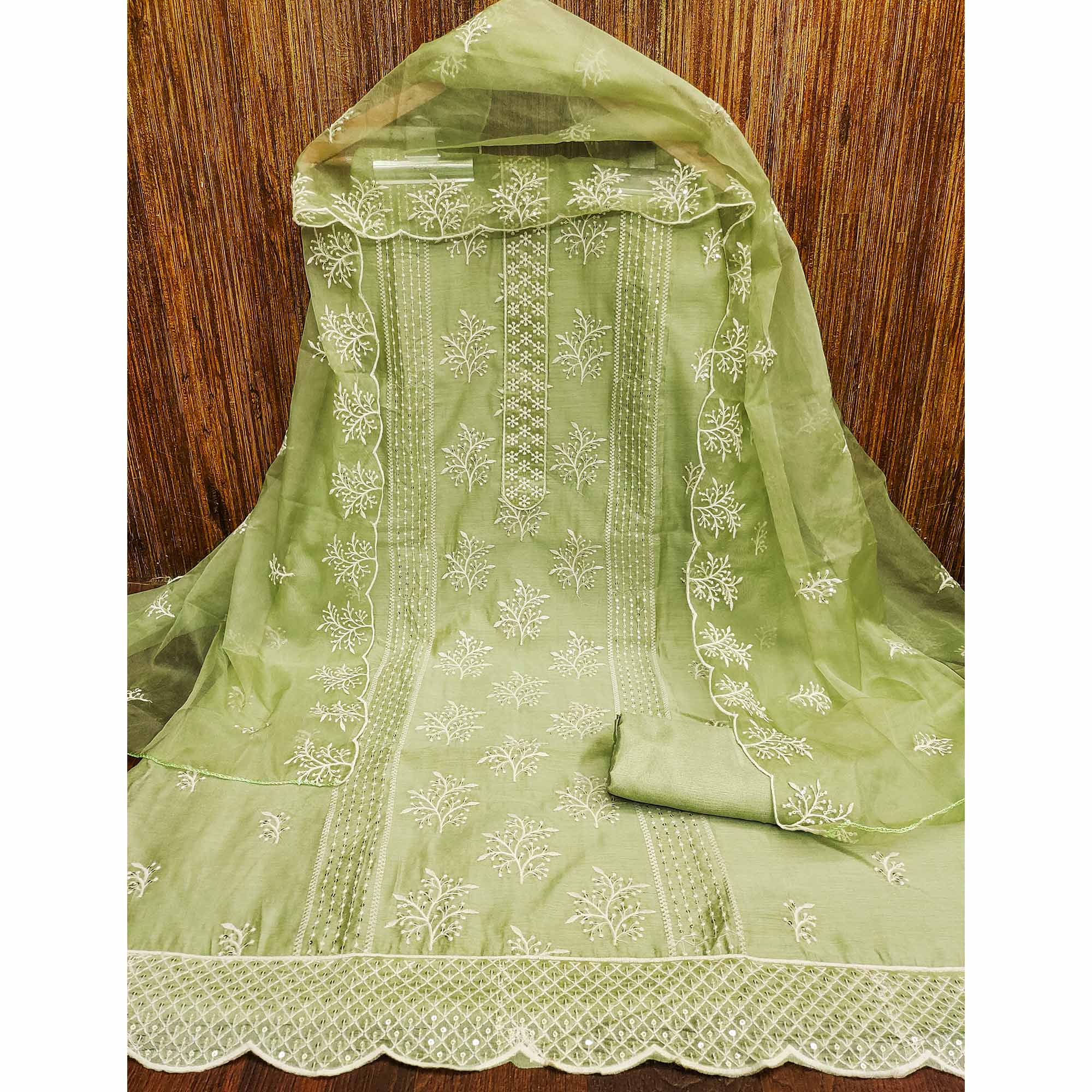 Green Embroidered Chanderi Dress Material