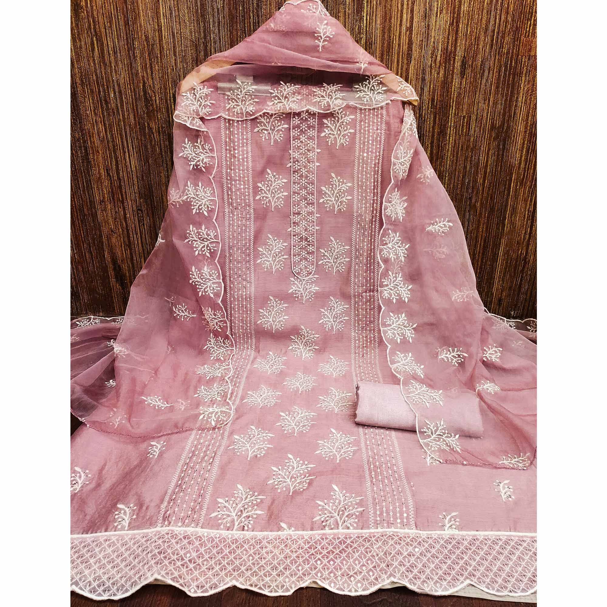 Pink Embroidered Chanderi Dress Material