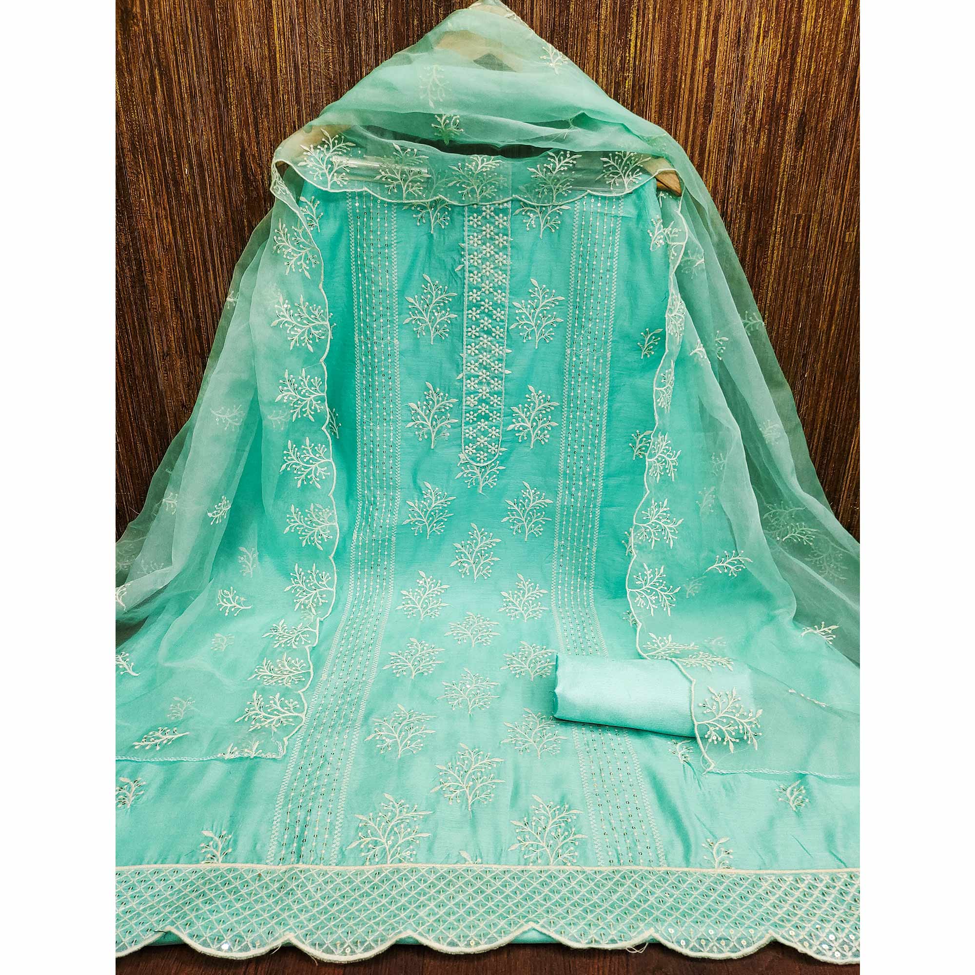 Turquoise Embroidered Chanderi Dress Material