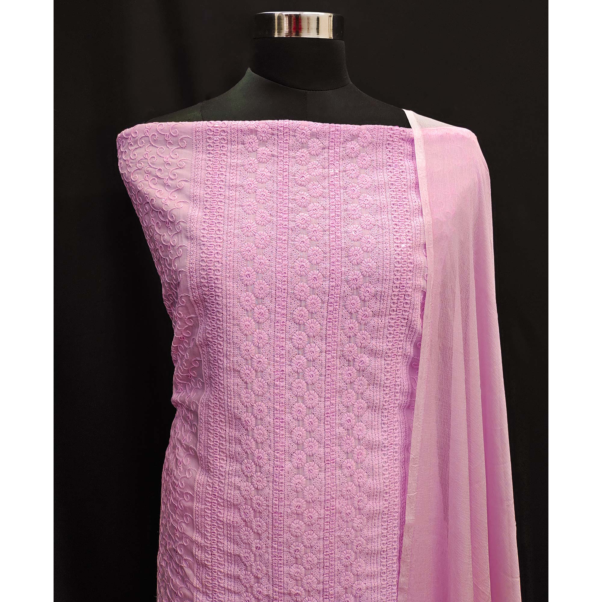 Pink Lucknowi Embroidered Pure Cotton Dress Material