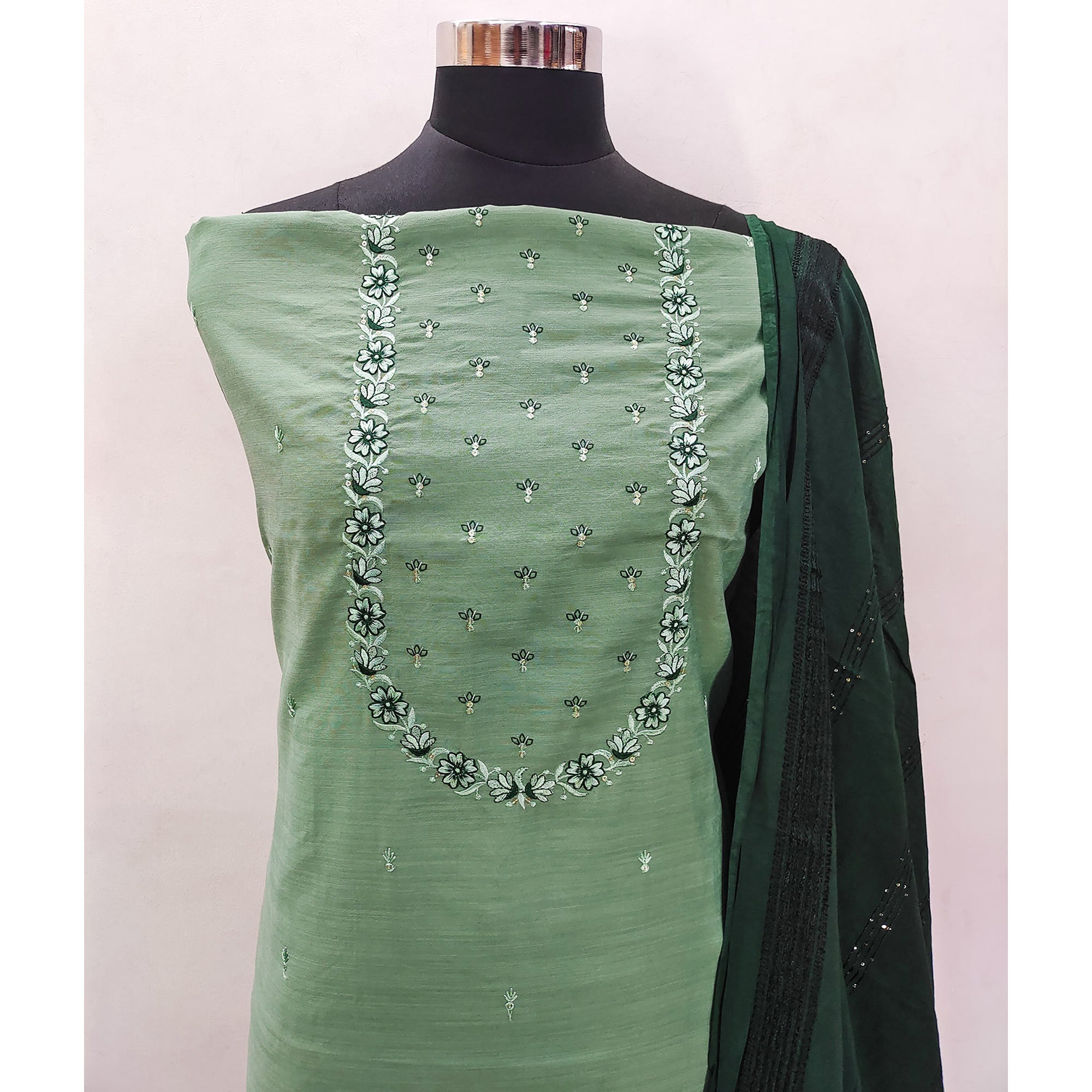 Green Embroidered Pure Cotton Dress Material