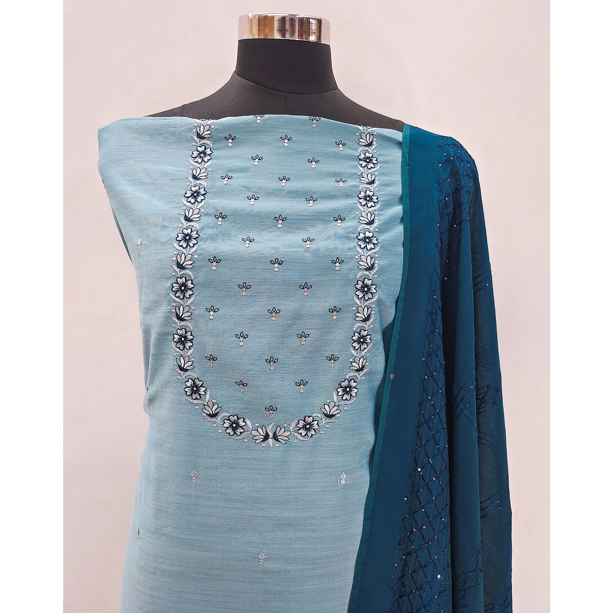 Sky Blue Embroidered Pure Cotton Dress Material