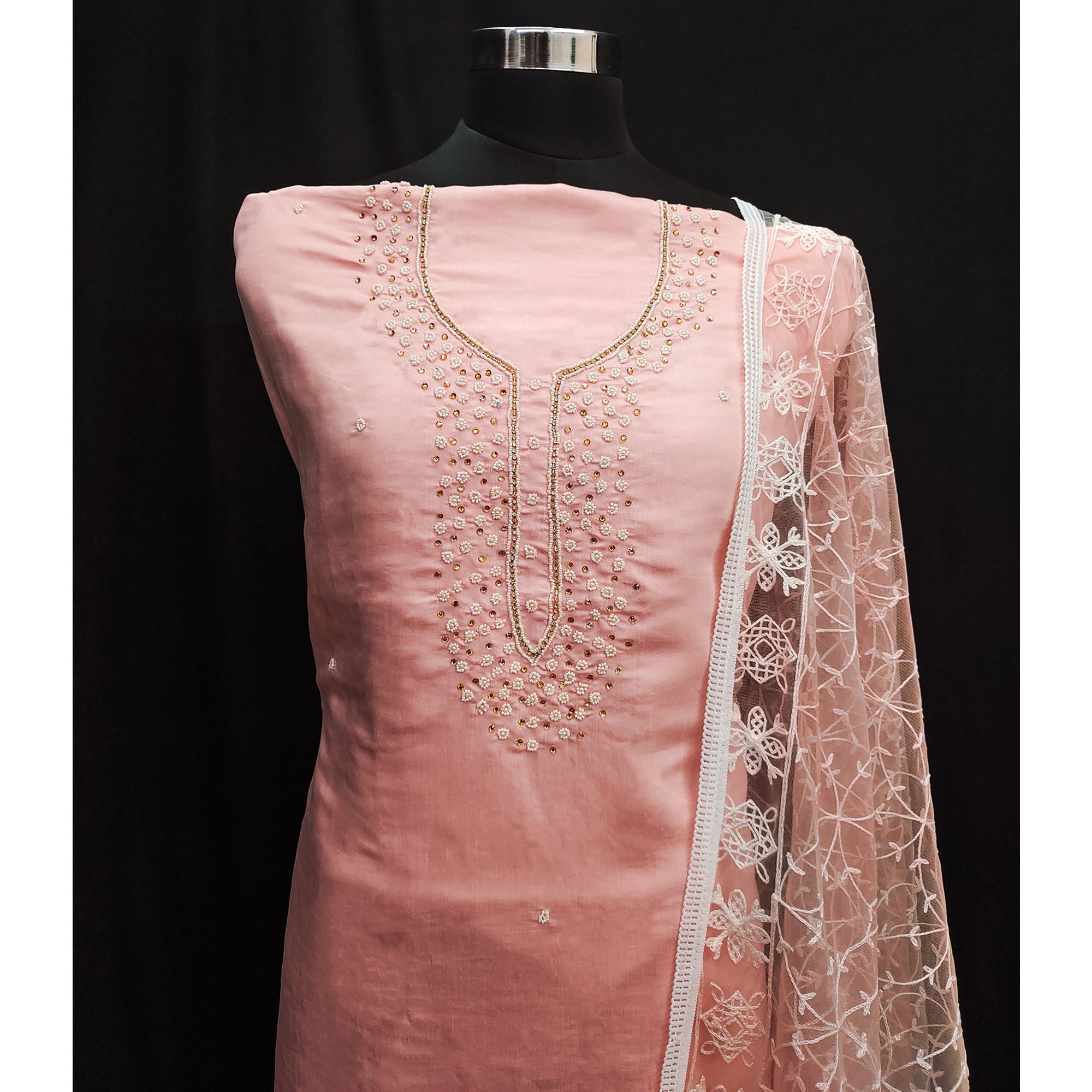 Peach Bead & Stones Embroidered Viscose Dress Material