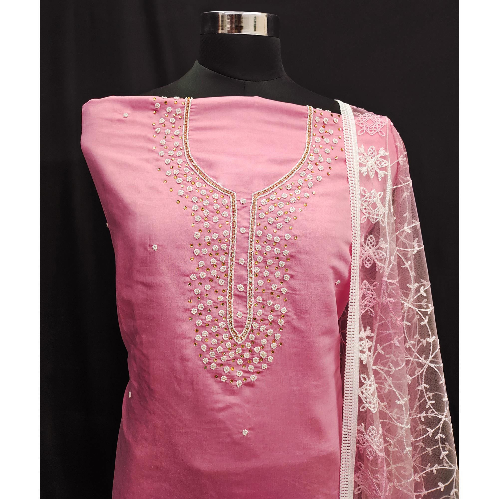 Pink Bead & Stones Embroidered Viscose Dress Material