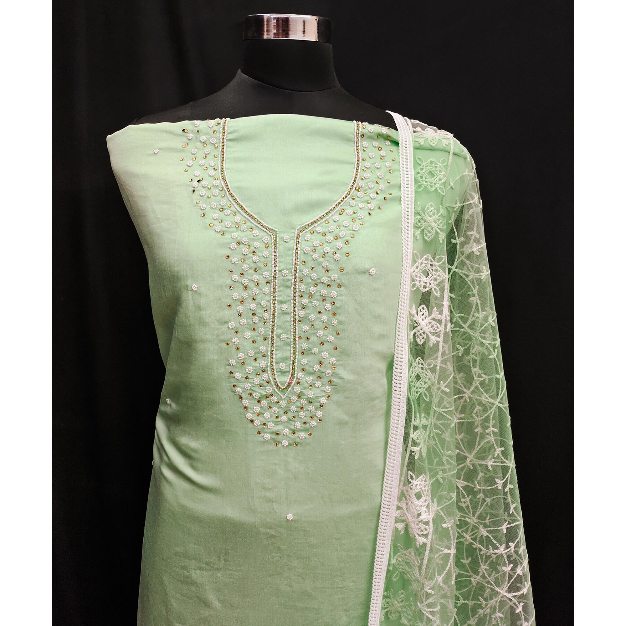 Pista Green Bead & Stones Embroidered Viscose Dress Material