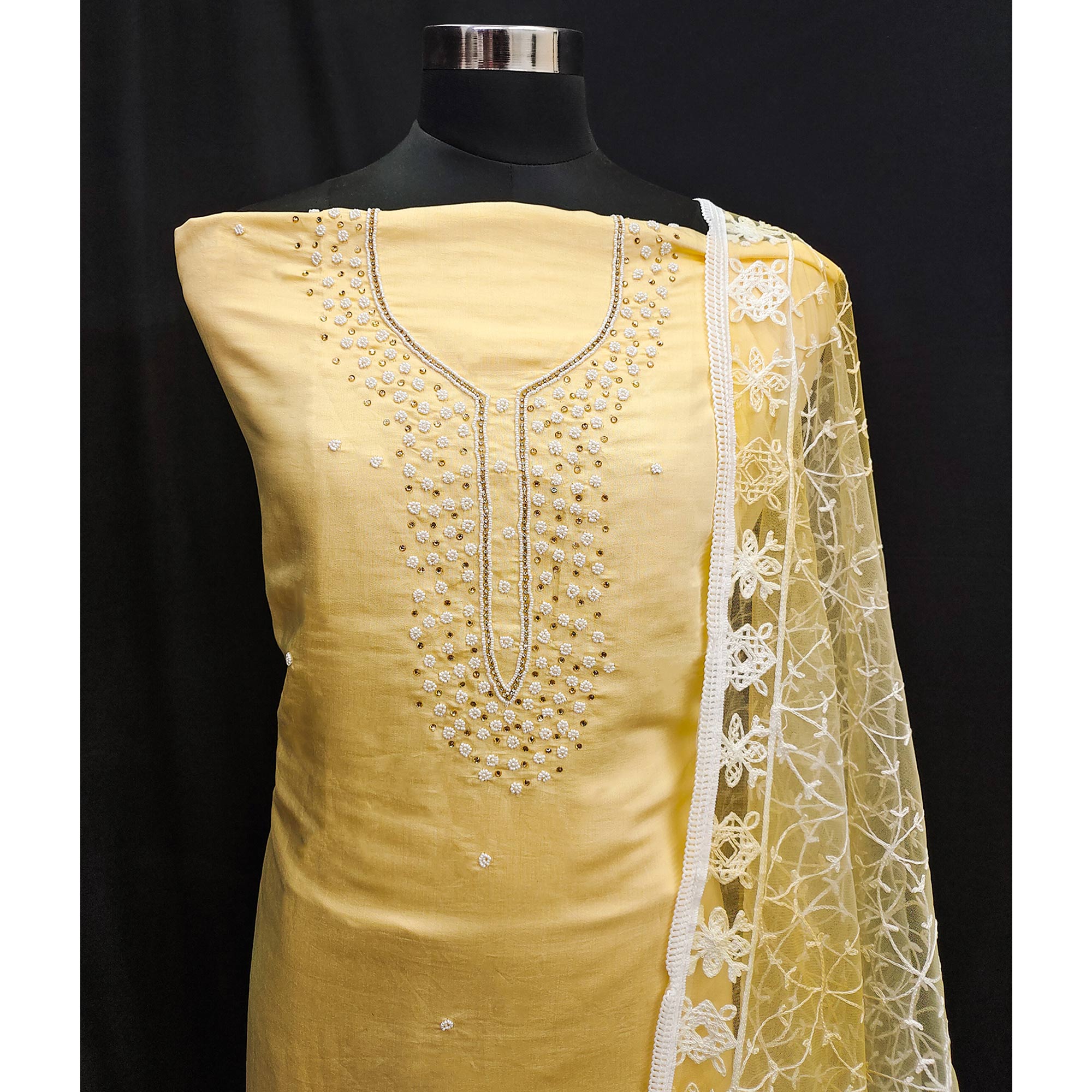 Yellow Bead & Stones Embroidered Viscose Dress Material