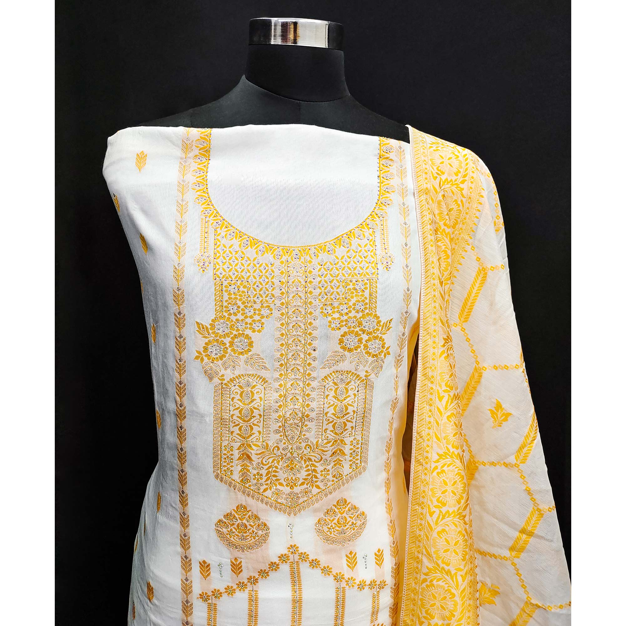 White & Mustard Woven Dola Silk Dress Material