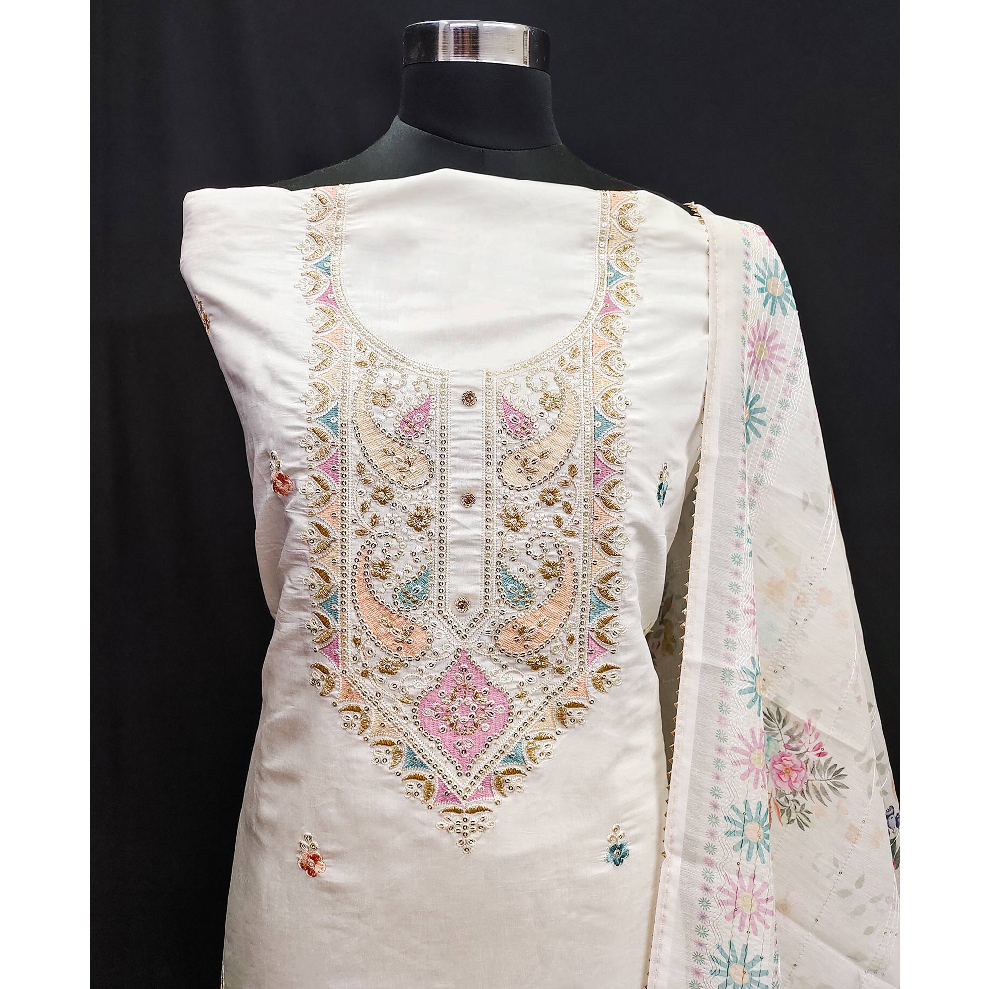 White Embroidered Viscose Dress Material